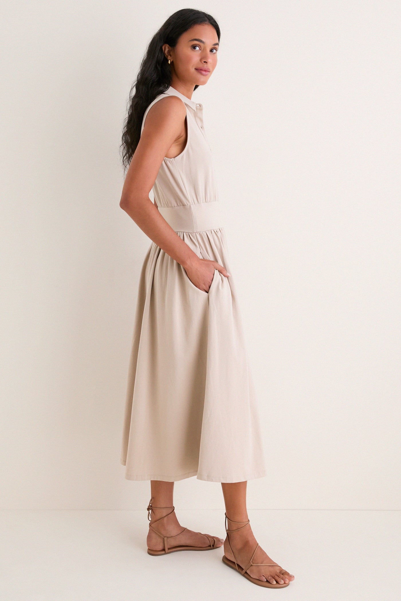sand francesca midi dress Styling tips by @janicethitran: The Sand Francesca Midi Dress layered with the Sand Francesca Jersey Blouse, reimagined for (F)ALL. , Her favorite way to style it: Layering it with the matching
