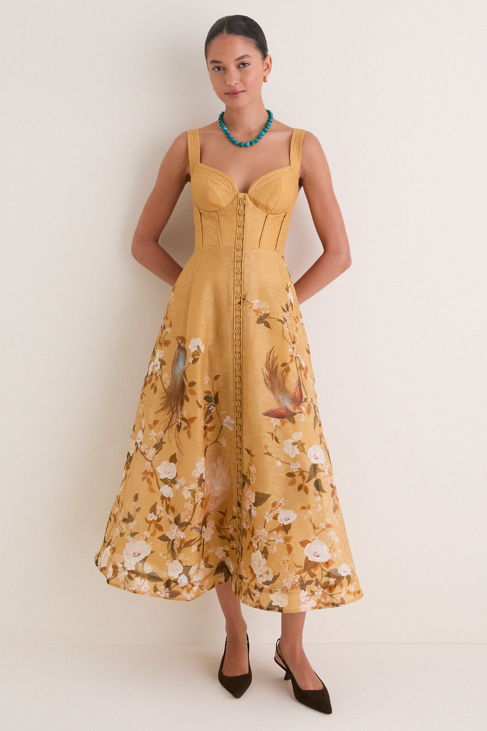 Gold Bird Floral Momentum Corded Midi Dress