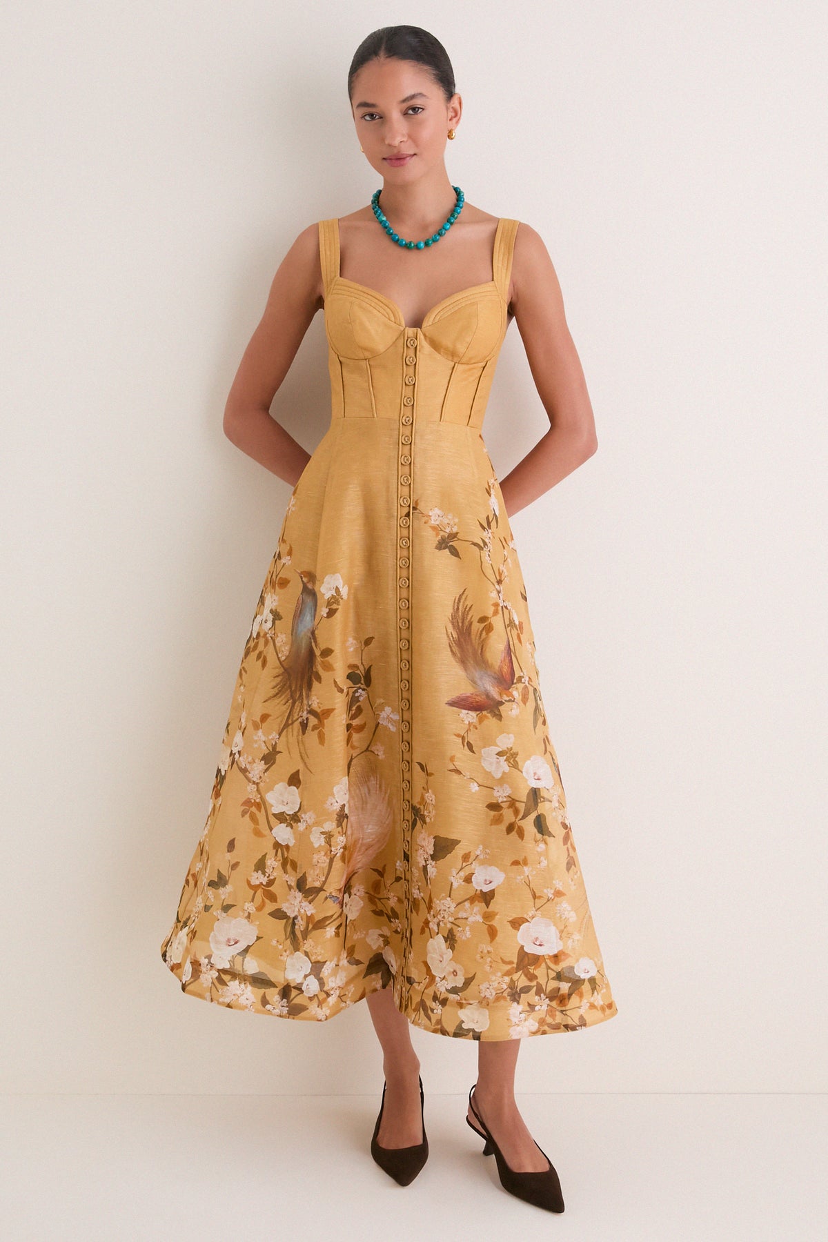 Gold Bird Floral Momentum Corded Midi Dress
