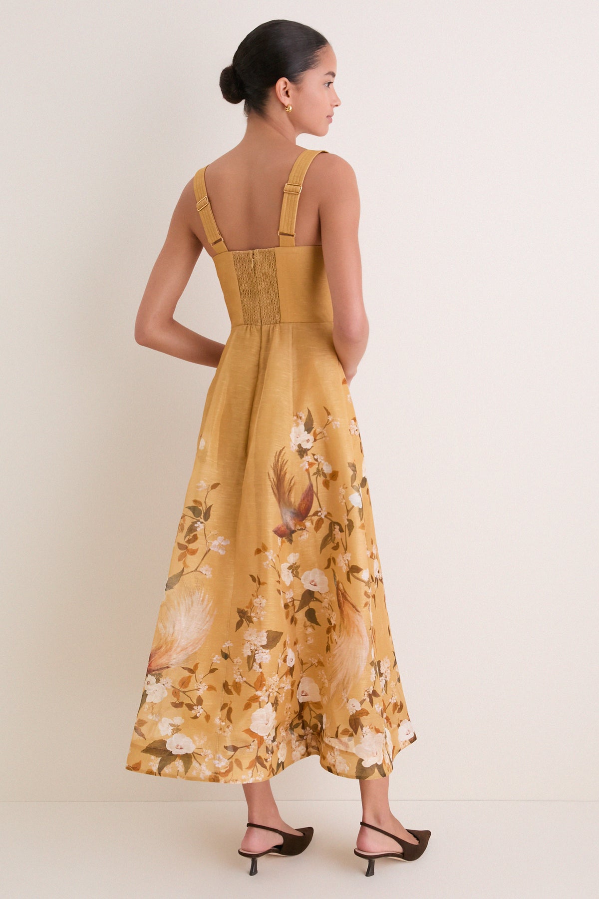 Gold Bird Floral Momentum Corded Midi Dress