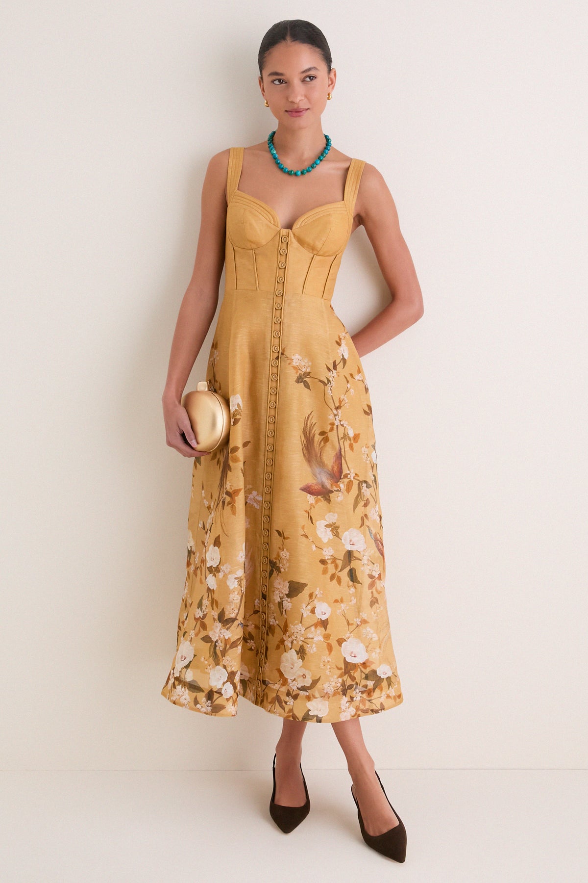 Gold Bird Floral Momentum Corded Midi Dress