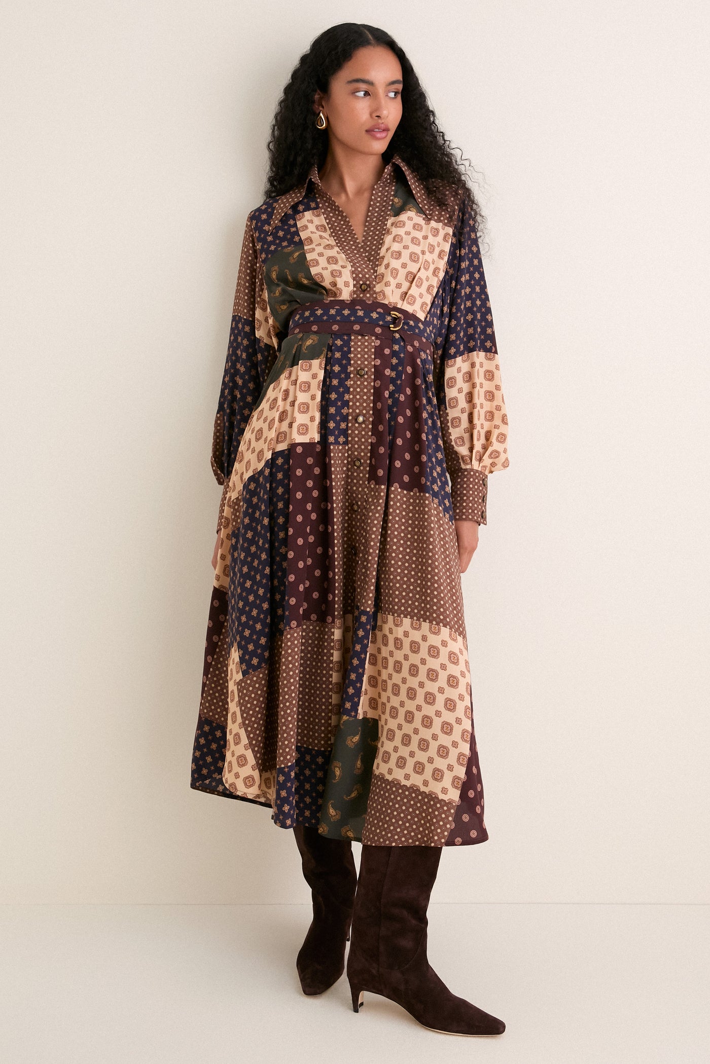 Geo Patch Print Tuck Midi Dress