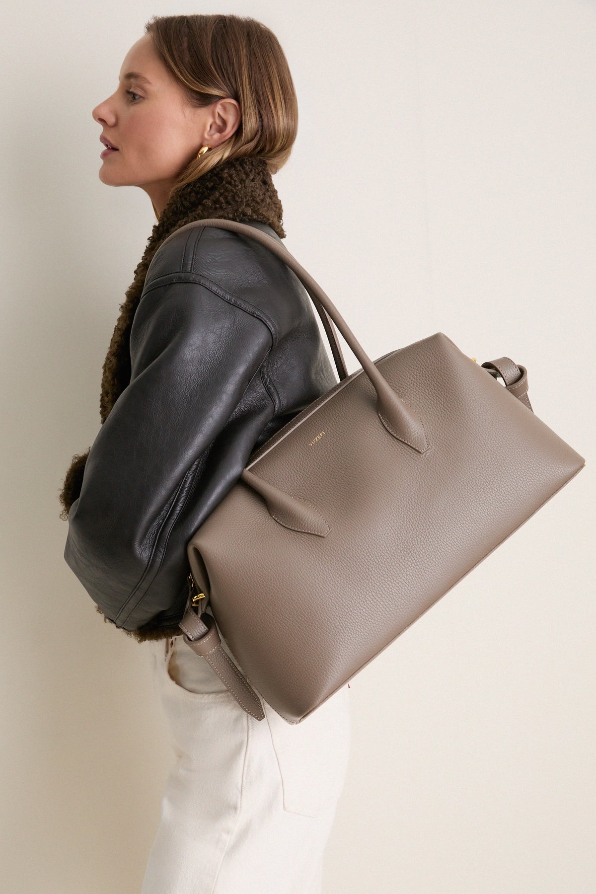 Taupe Pebble Grain Leather Brioche Duffle