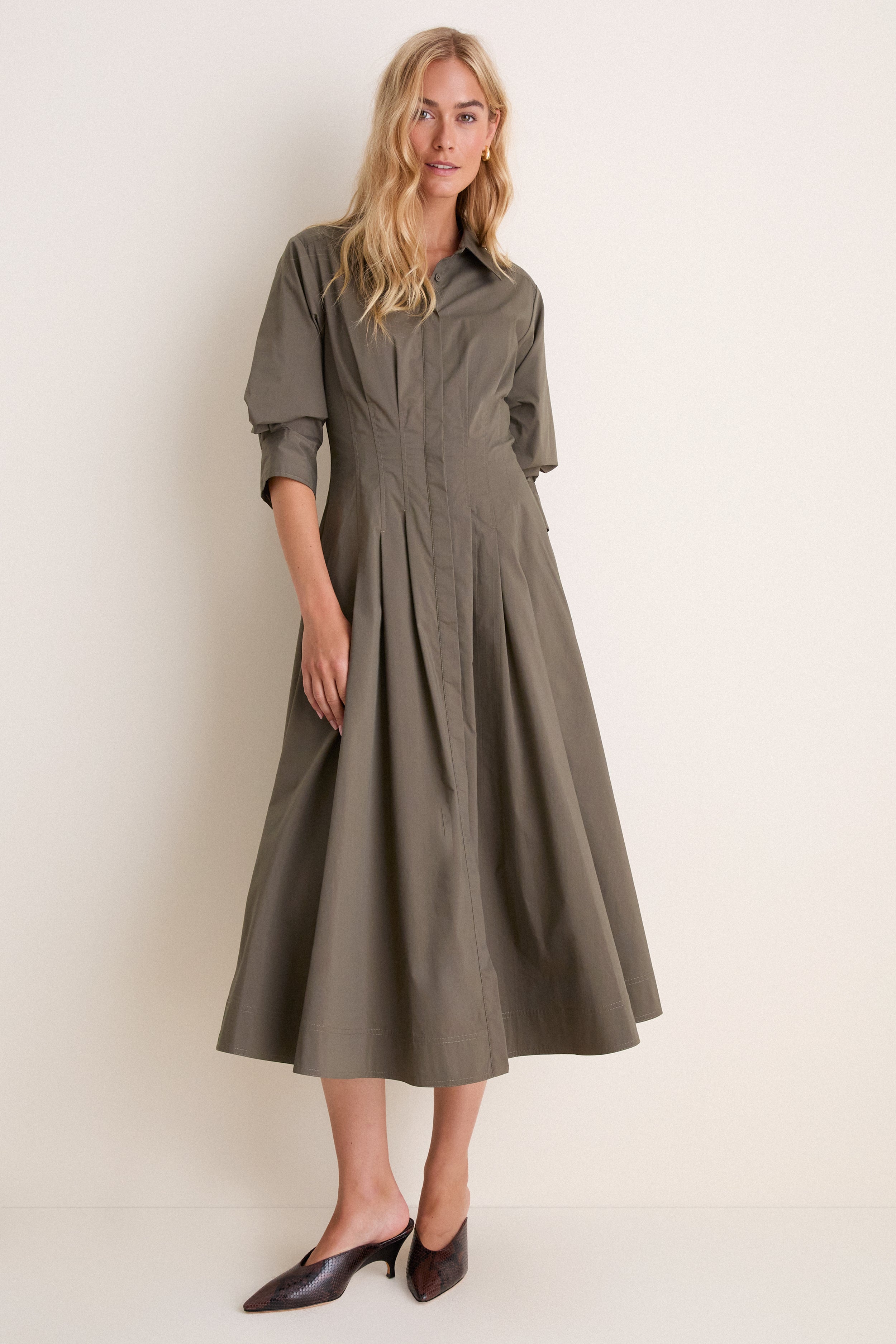Dark Olive Jazz Pintuck Midi Dress