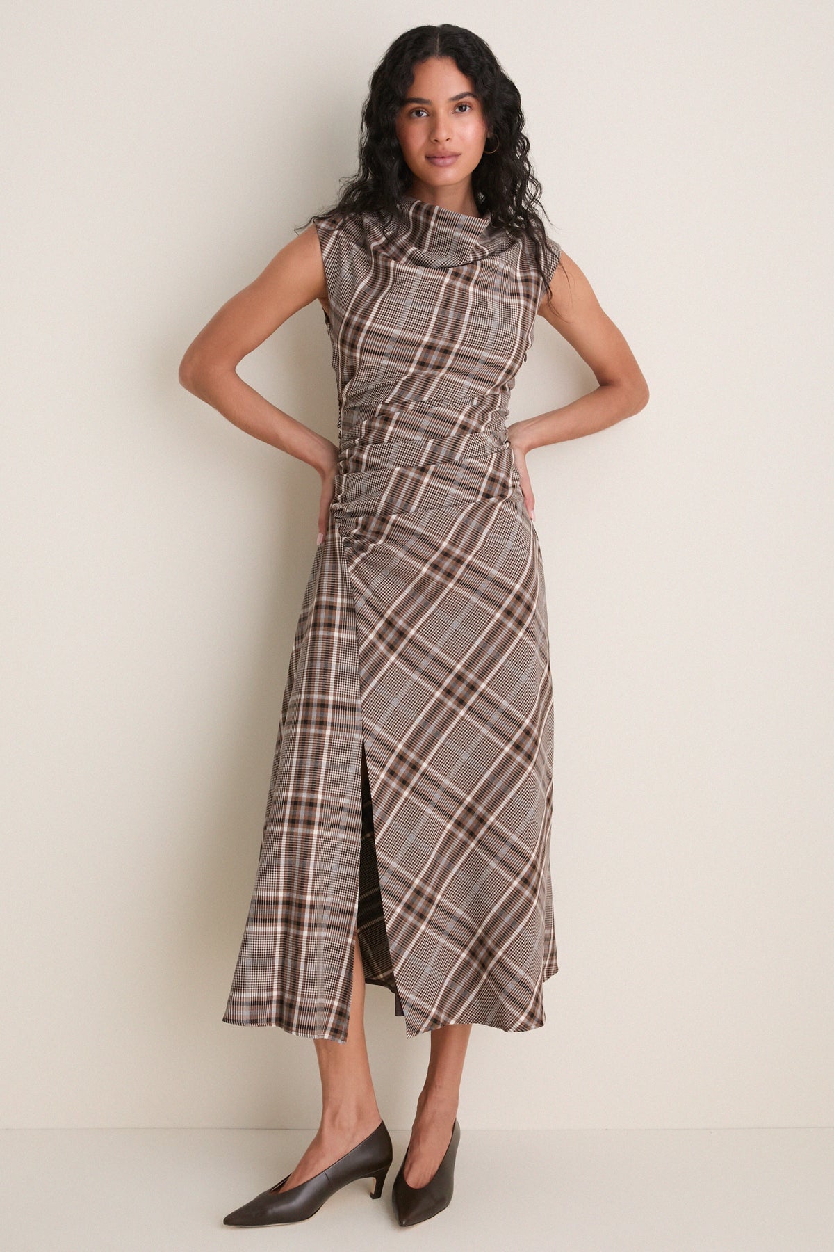 Otter Plaid Burke Draped Midi Dress