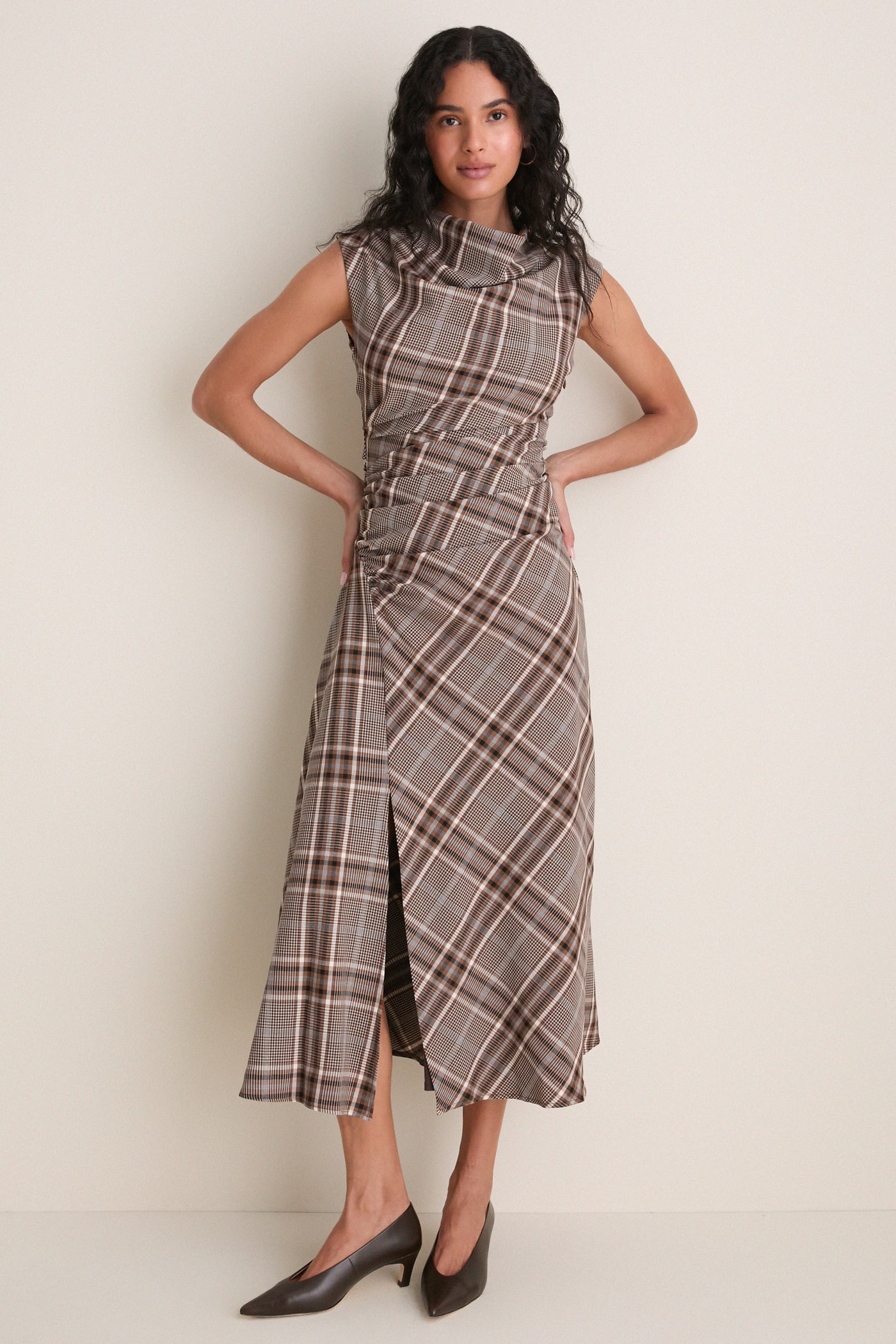 Otter Plaid Burke Draped Midi Dress