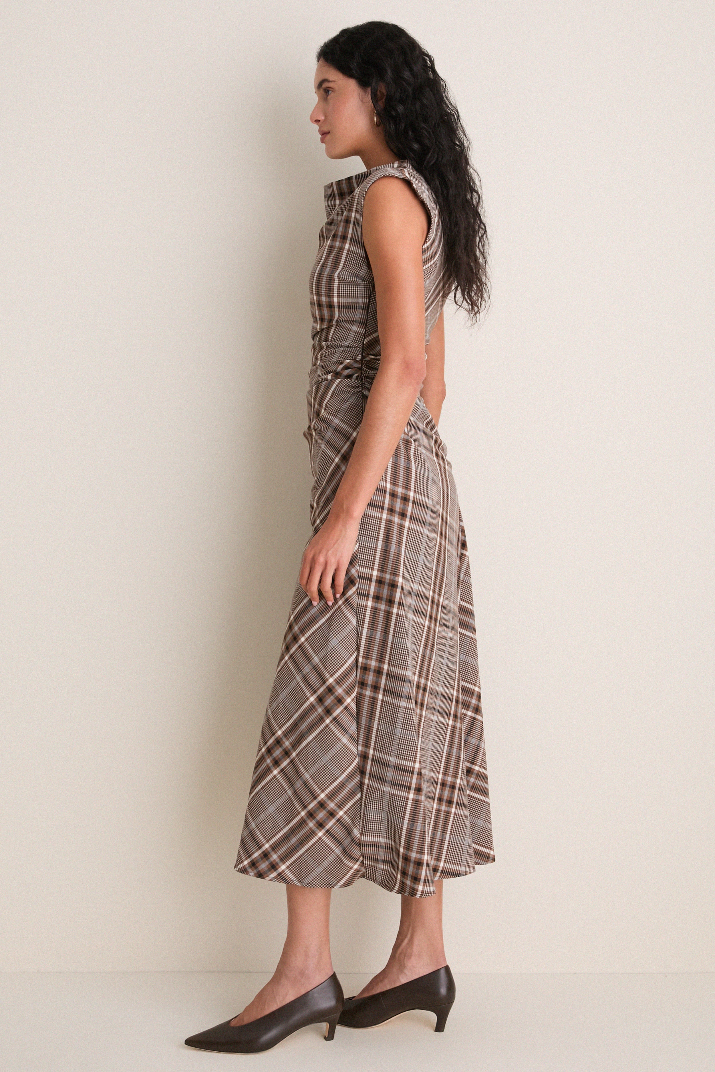 Otter Plaid Burke Draped Midi Dress