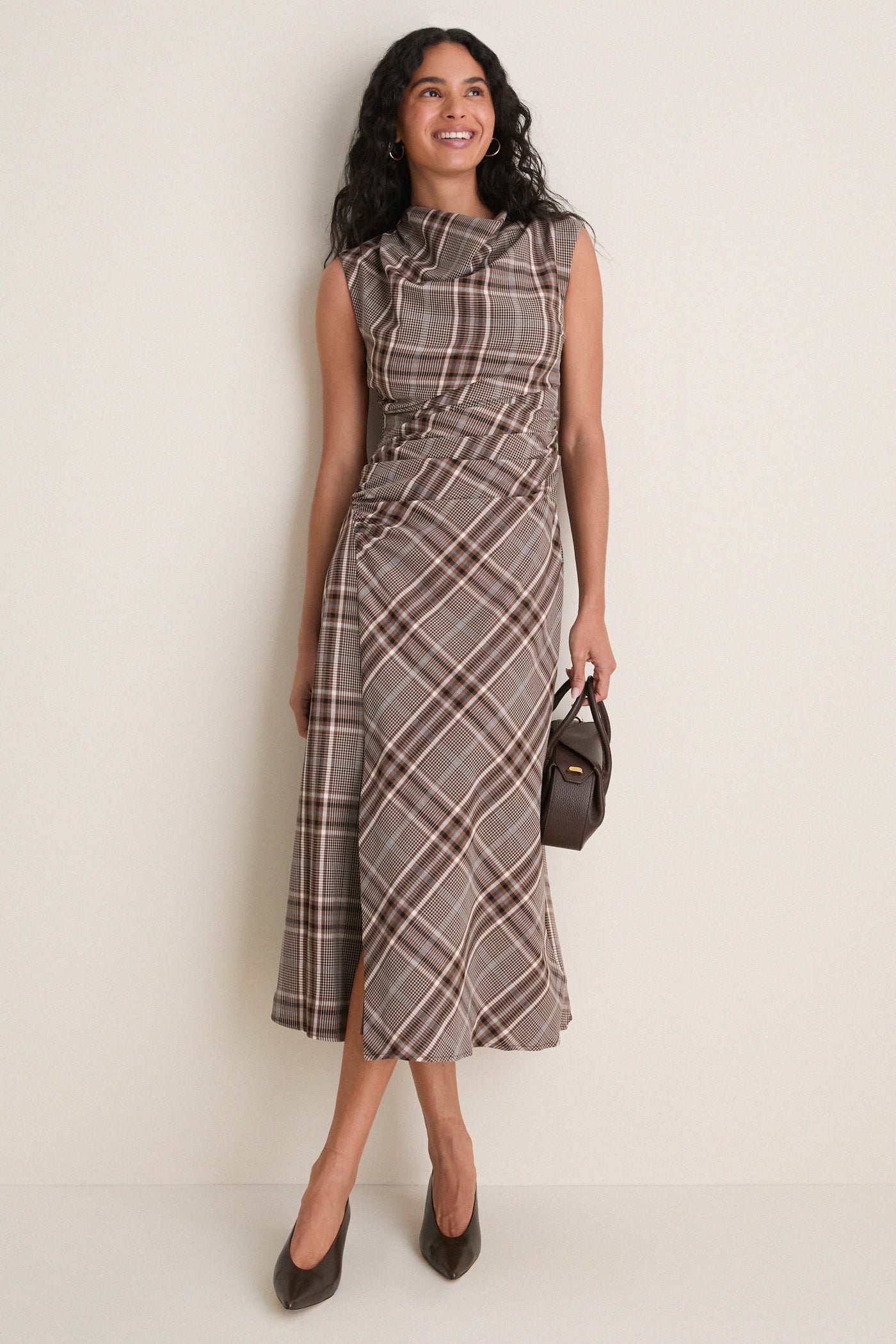 Otter Plaid Burke Draped Midi Dress