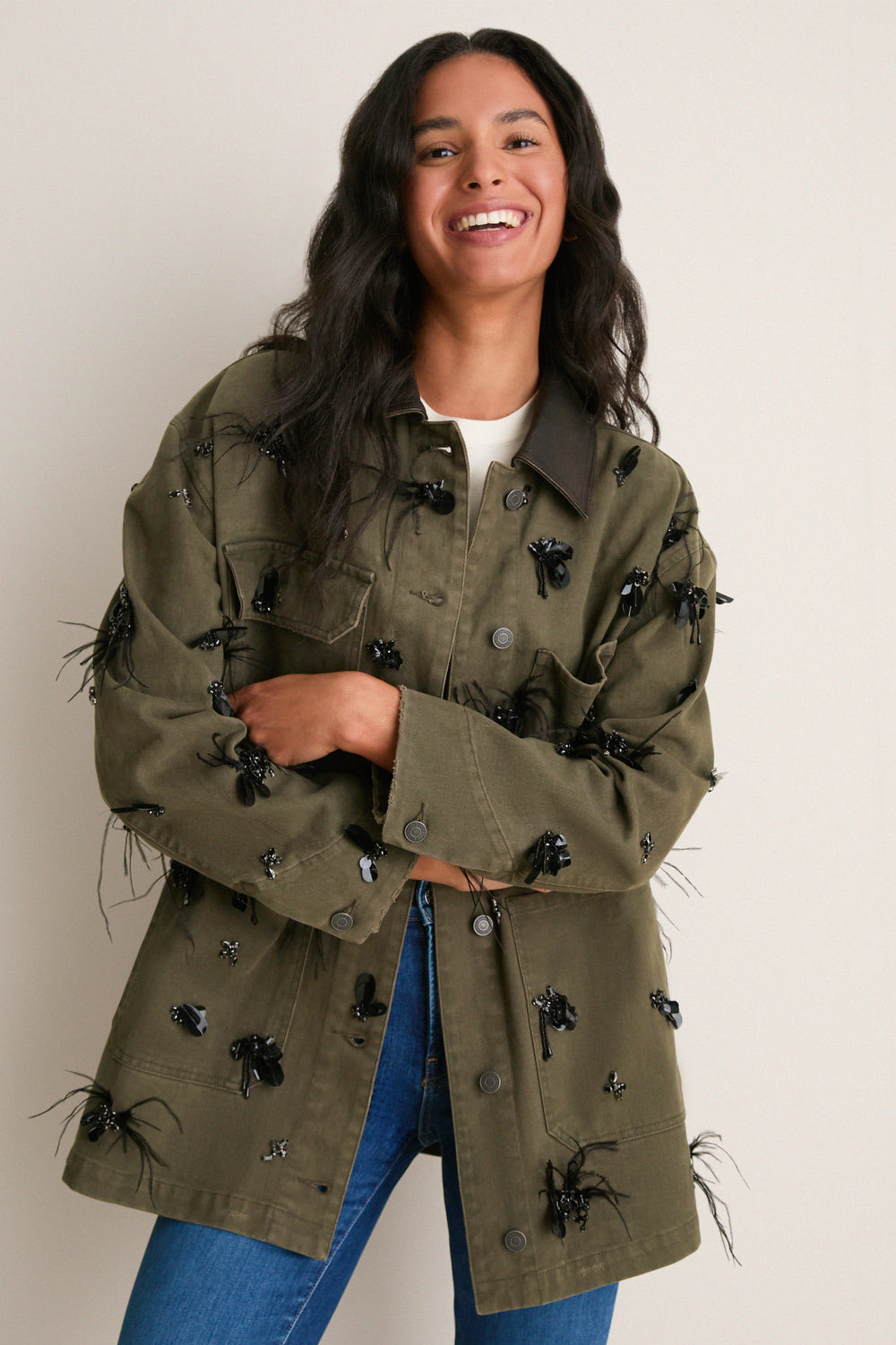 Dark Olive Embellished Larz Chore Jacket