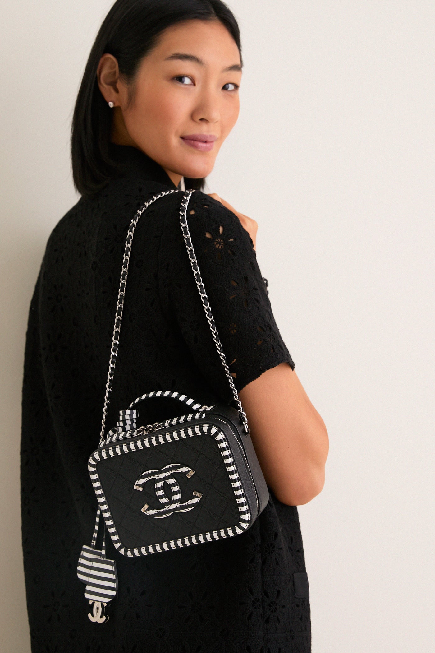 CHANEL Black White Caviar Filigree Small Vanity Case Crossbody with Red Leather Interior