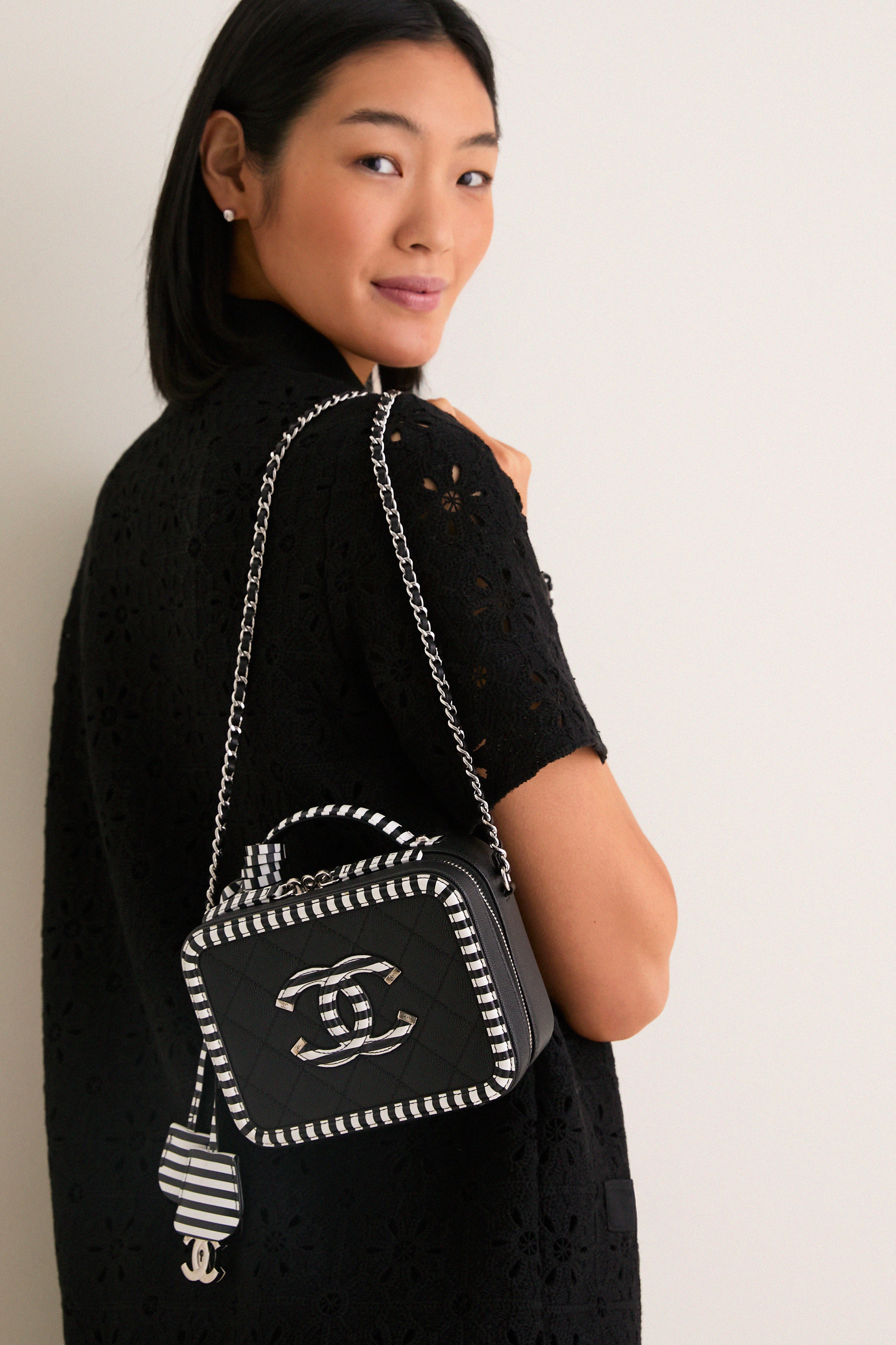 CHANEL Black White Caviar Filigree Small Vanity Case Crossbody with Red Leather Interior