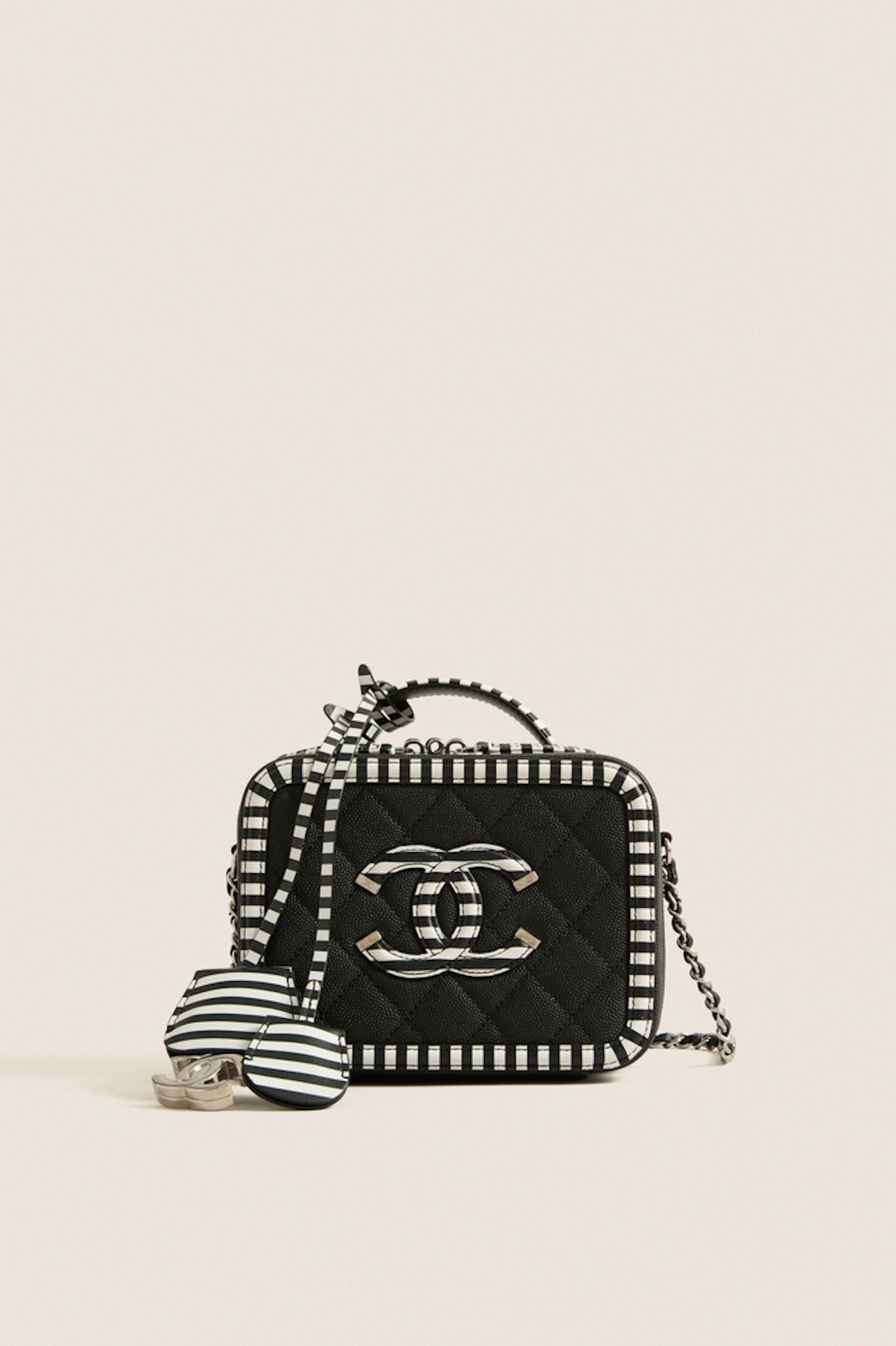 CHANEL Black White Caviar Filigree Small Vanity Case Crossbody