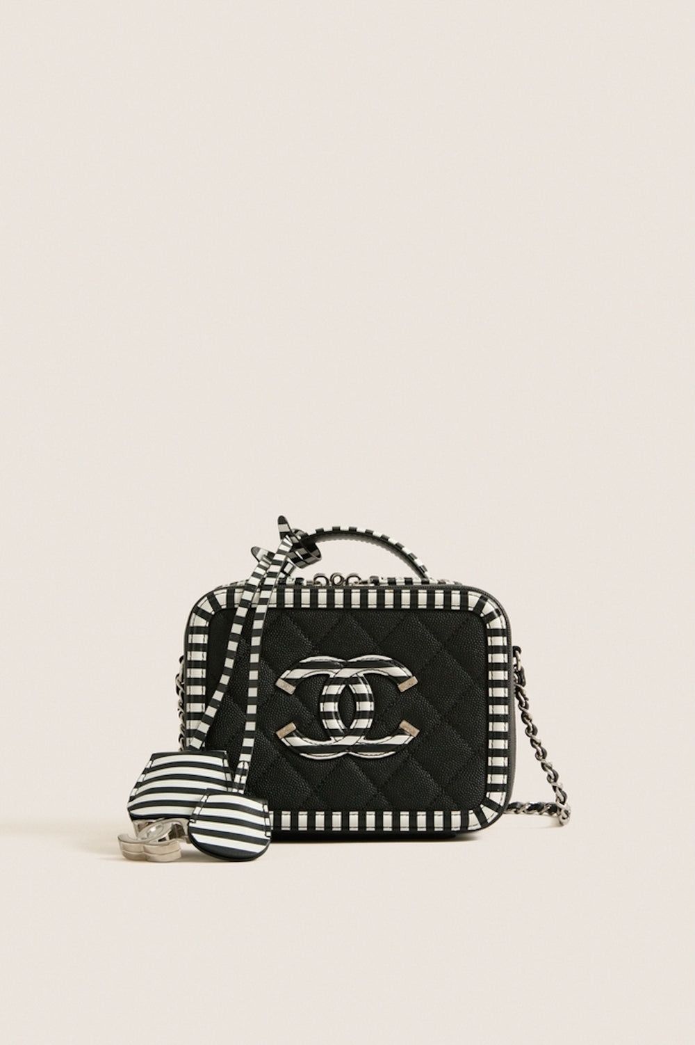 CHANEL Black White Caviar Filigree Small Vanity Case Crossbody with Red Leather Interior
