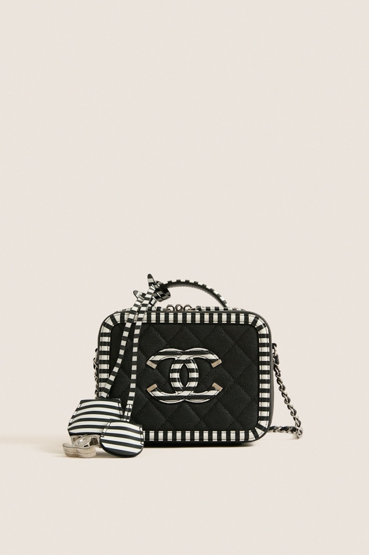CHANEL Black White Caviar Filigree Small Vanity Case Crossbody with Red Leather Interior