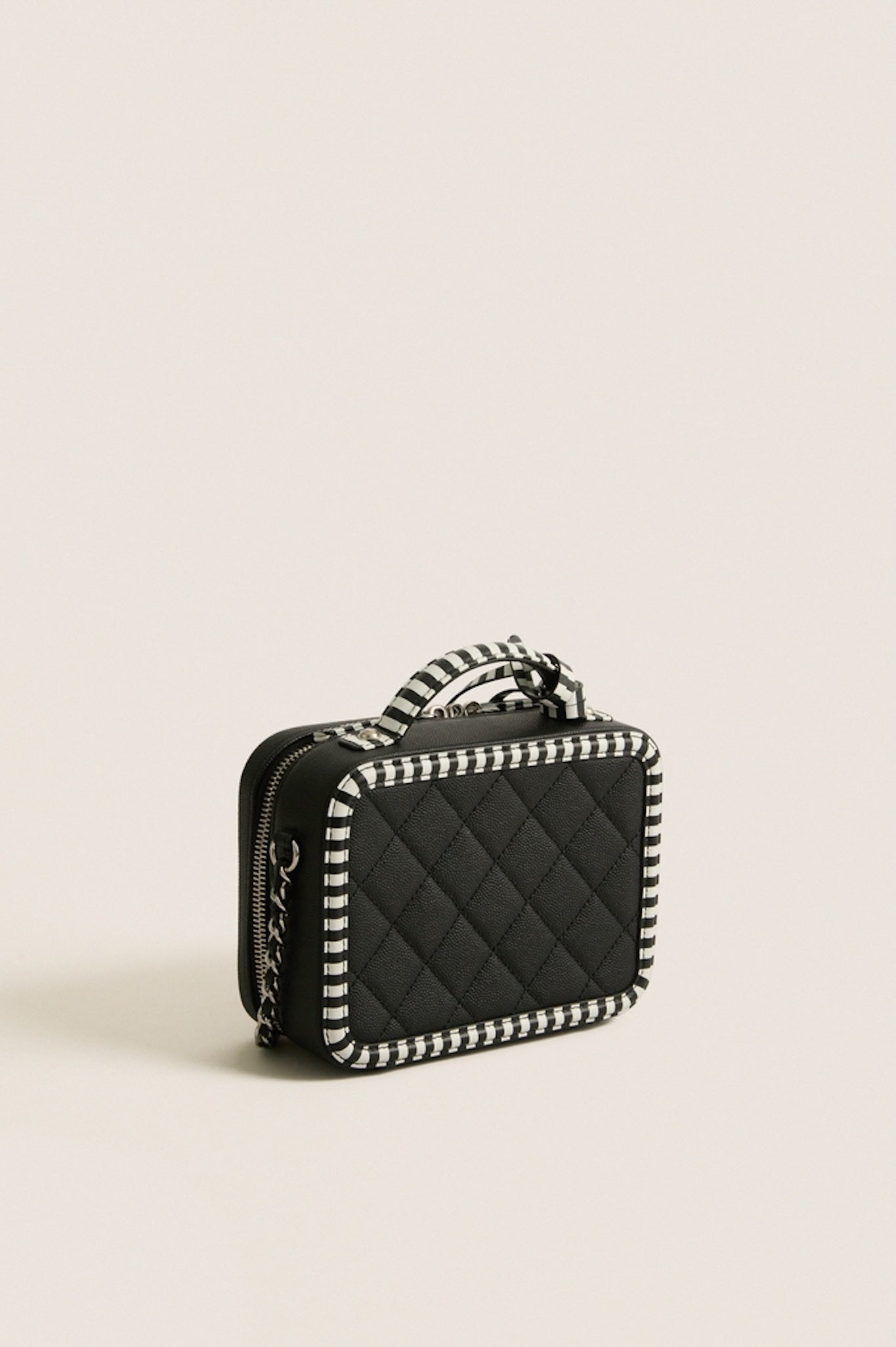 CHANEL Black White Caviar Filigree Small Vanity Case Crossbody with Red Leather Interior