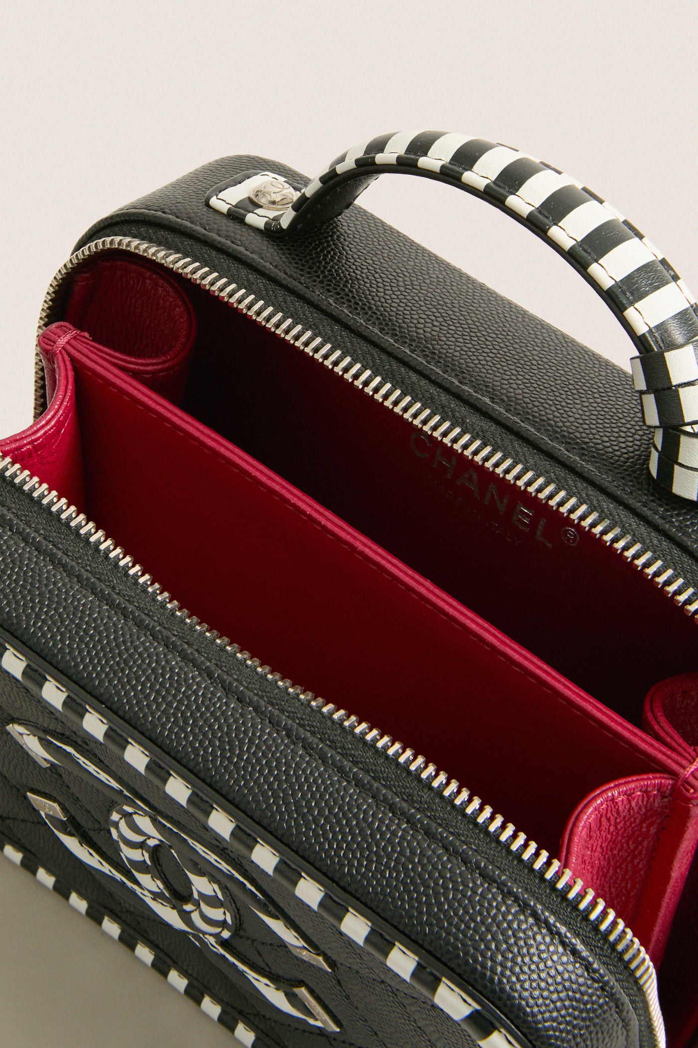 CHANEL Black White Caviar Filigree Small Vanity Case Crossbody with Red Leather Interior