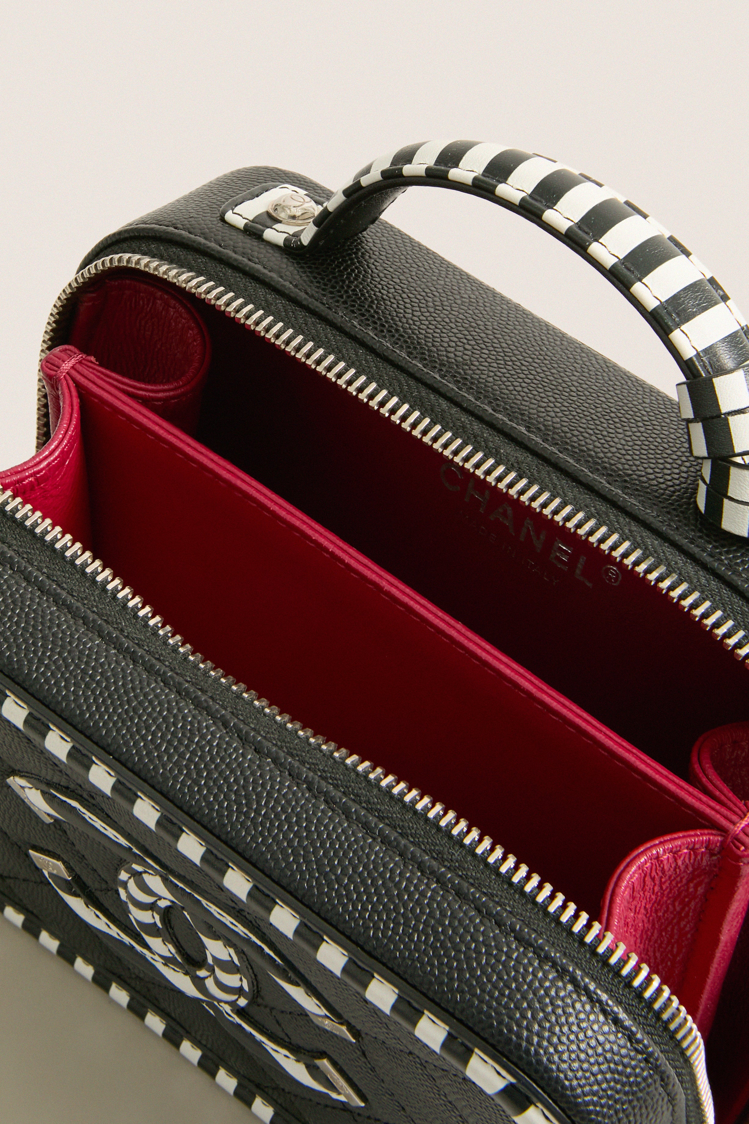 CHANEL Black White Caviar Filigree Small Vanity Case Crossbody with Red Leather Interior