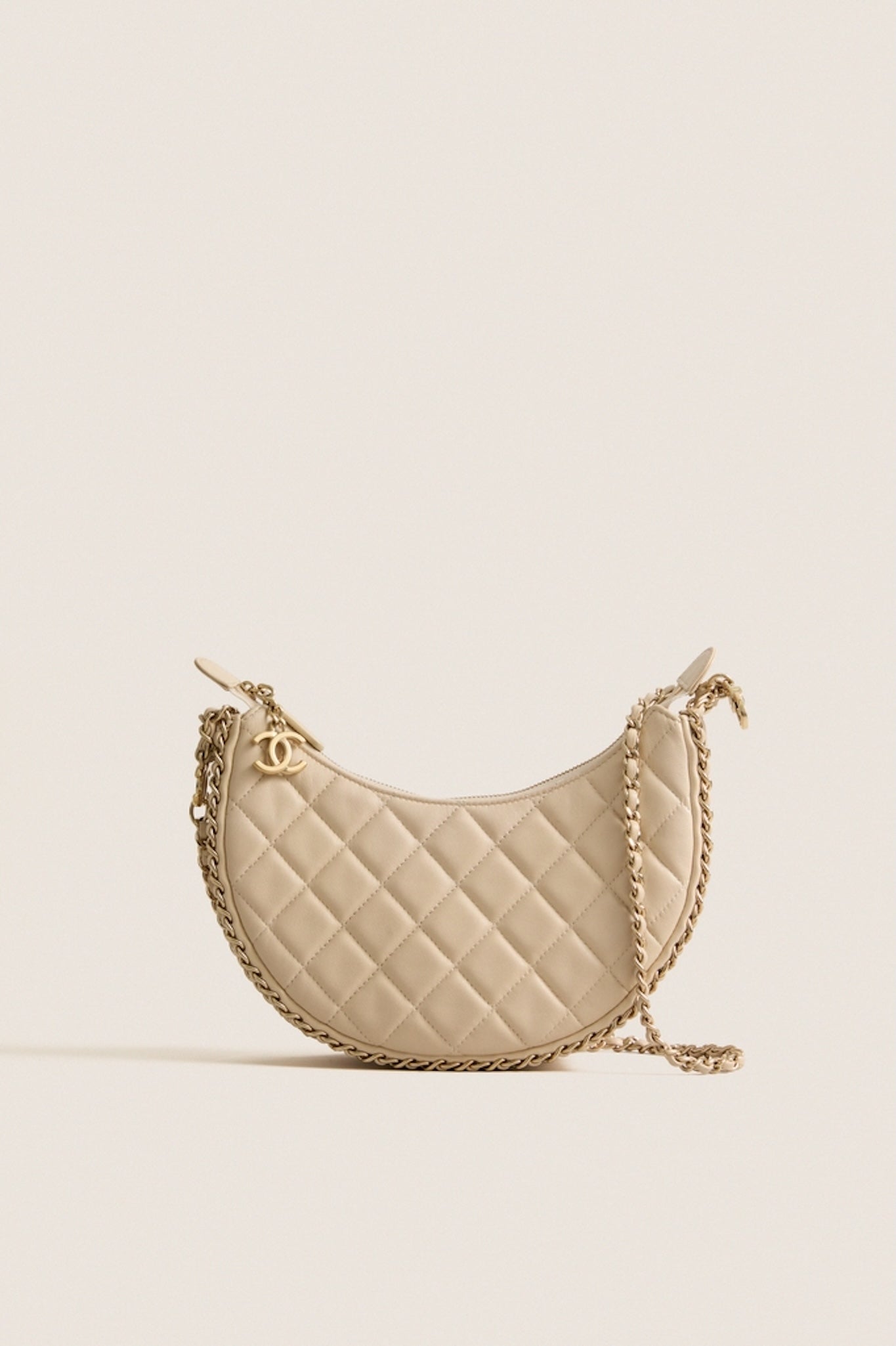 CHANEL Light Beige Lambskin Quilted Small Hobo Bag