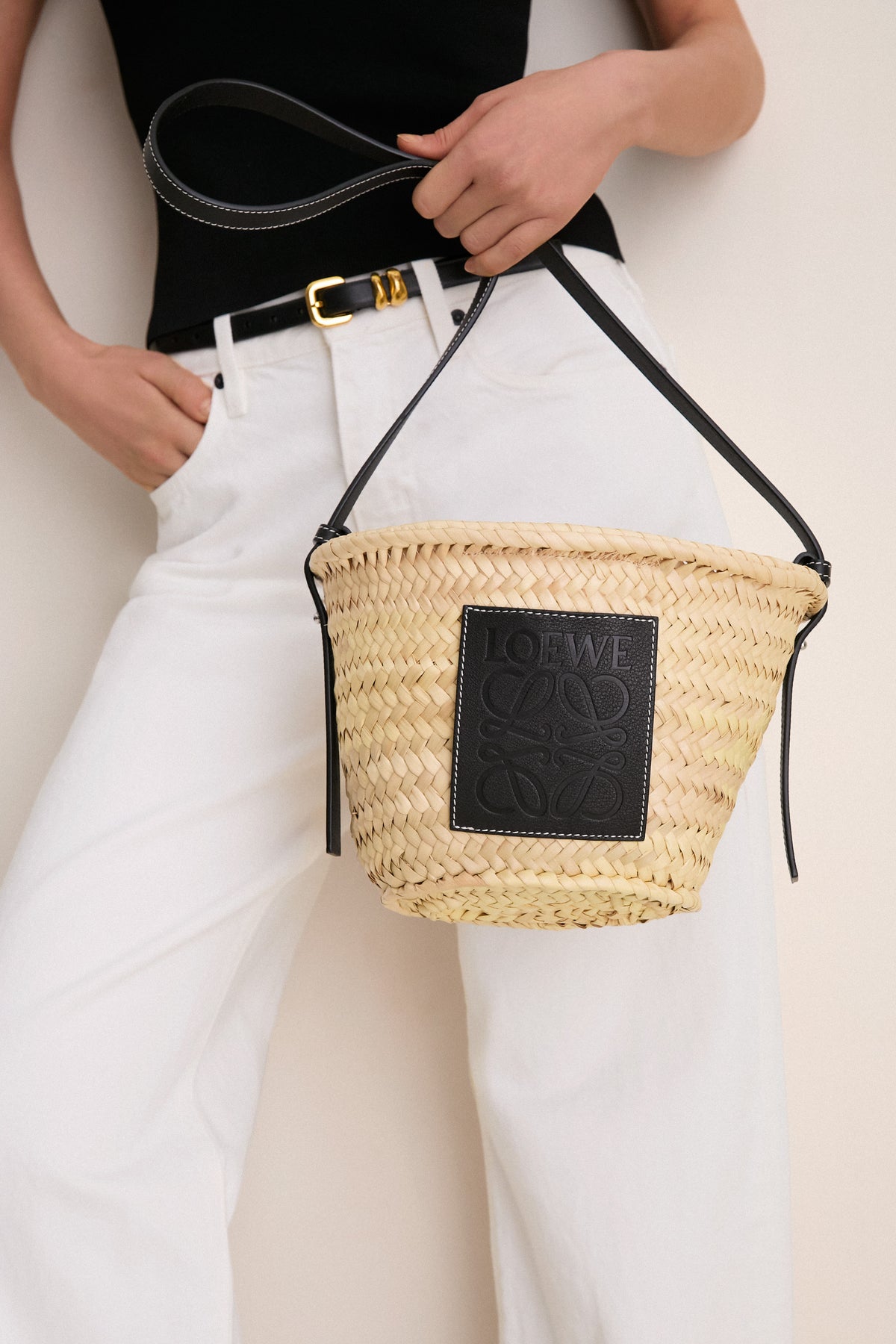 LOEWE Natural Black Raffia Drawstring Basket Tote Bag
