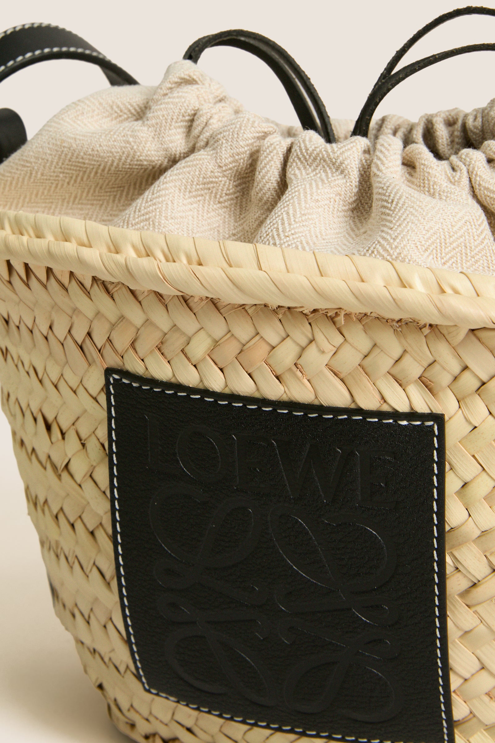 LOEWE Natural Black Raffia Drawstring Basket Tote Bag