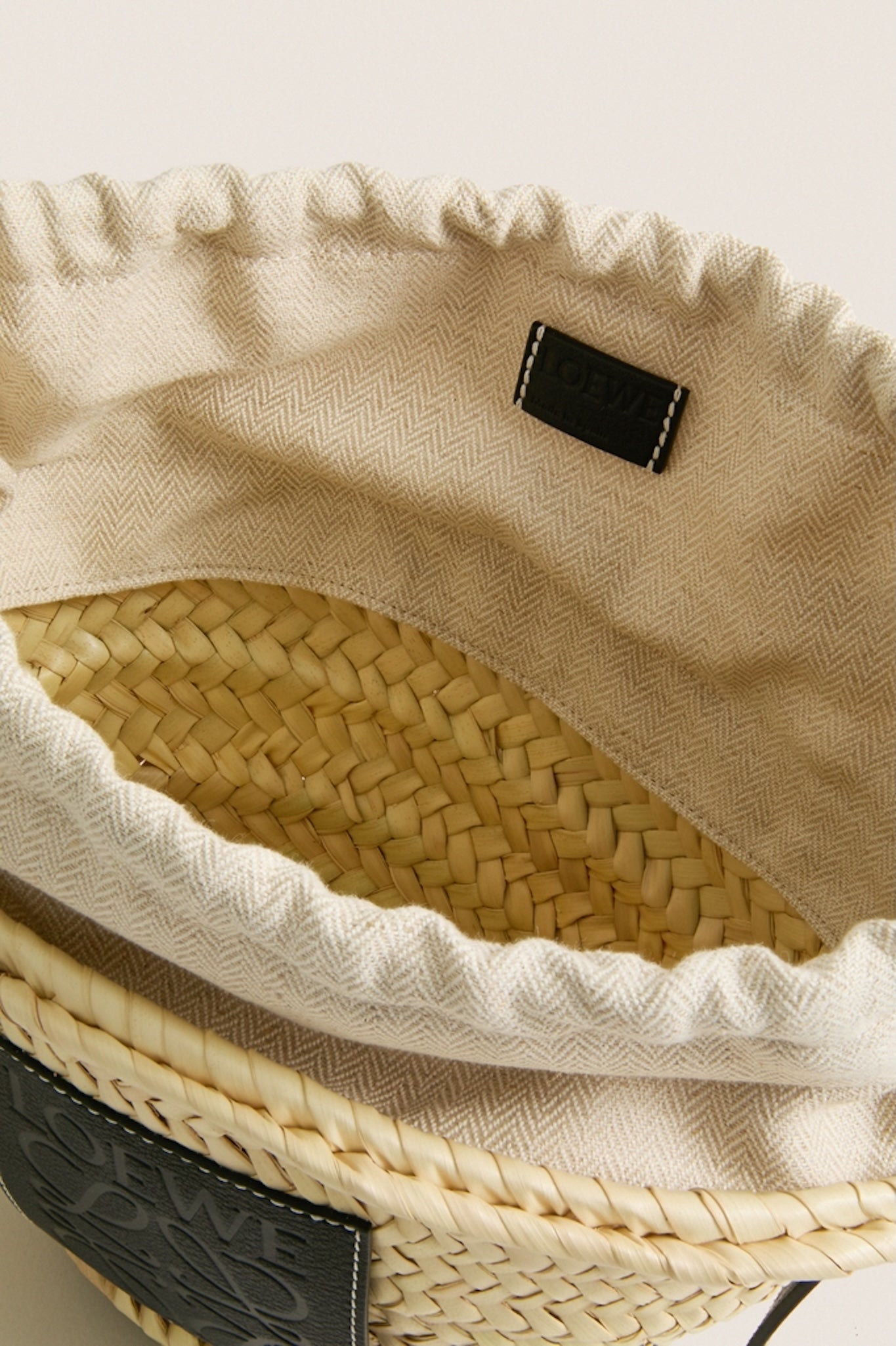 LOEWE Natural Black Raffia Drawstring Basket Tote Bag