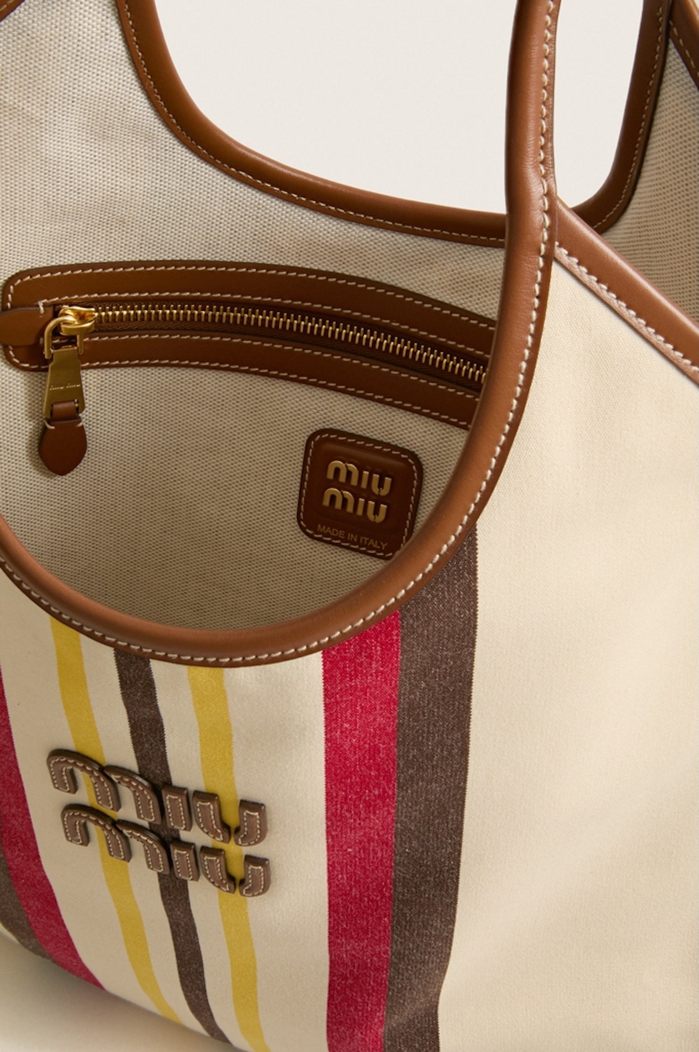 MIU MIU Ivy Naturale Moro Canvas Calfskin Striped