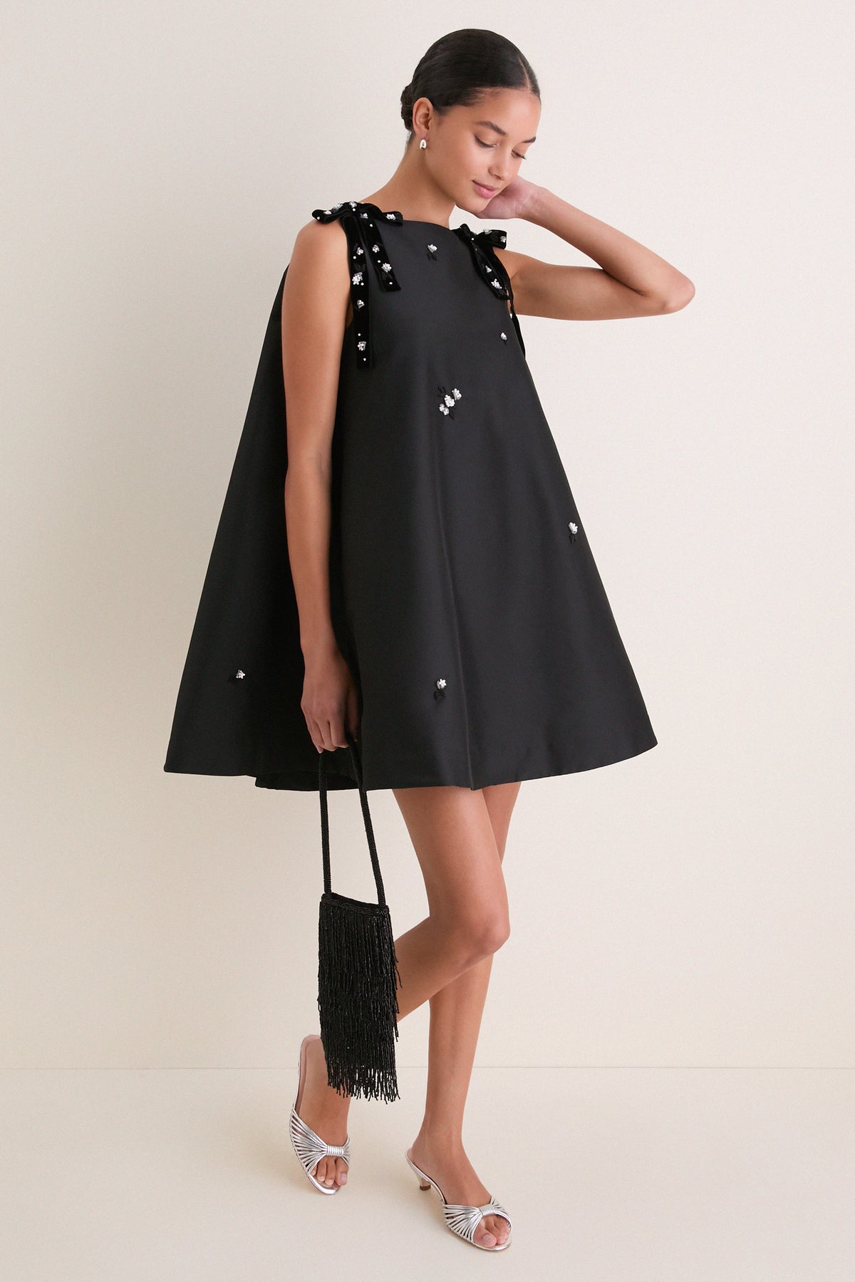 Black Multi Bow Embroidered Melody Mini Dress