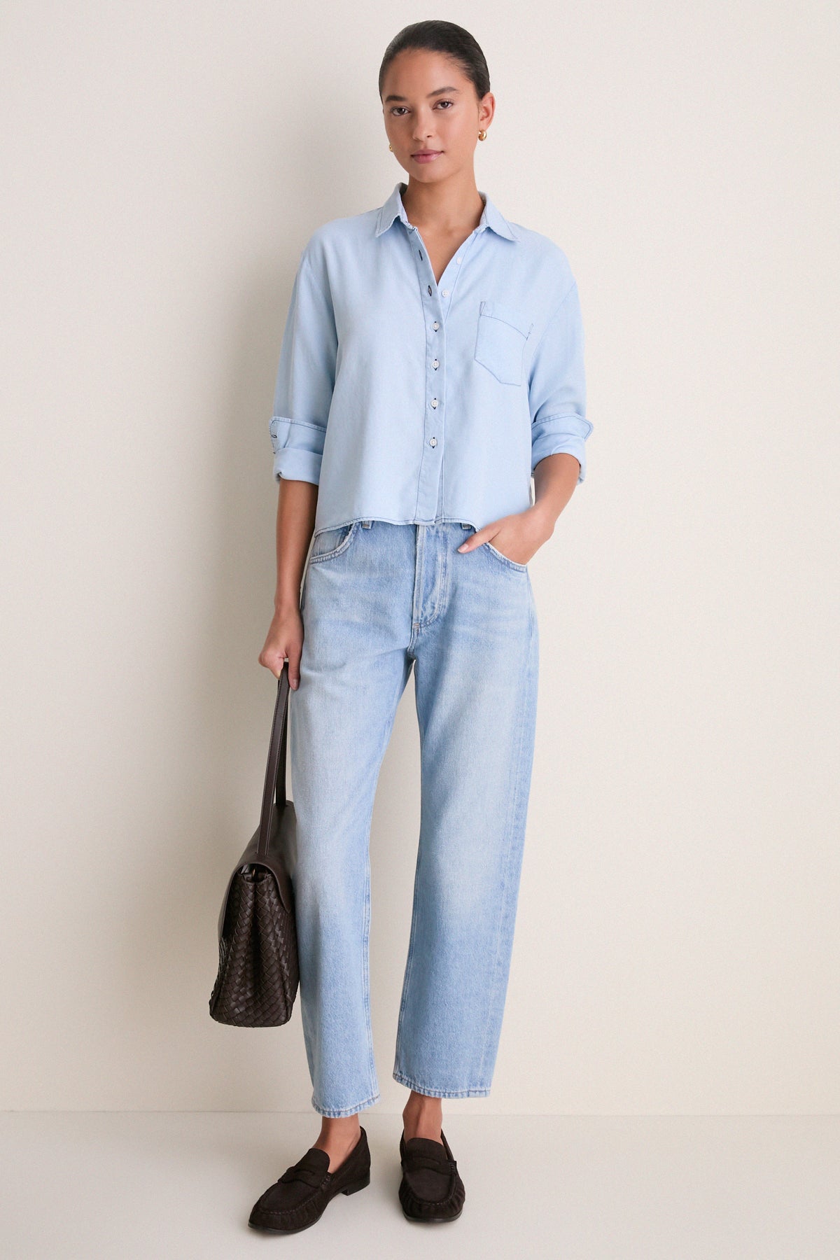 Light Denim Long Sleeve Boxy Crop