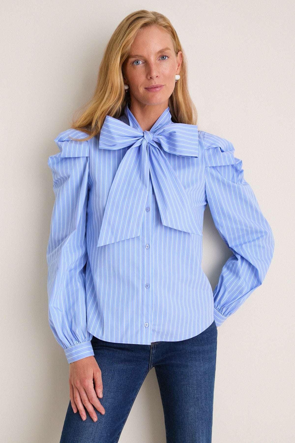 Blue, White, and Red Micro Stripe Long Sleeve French Bow Shirt