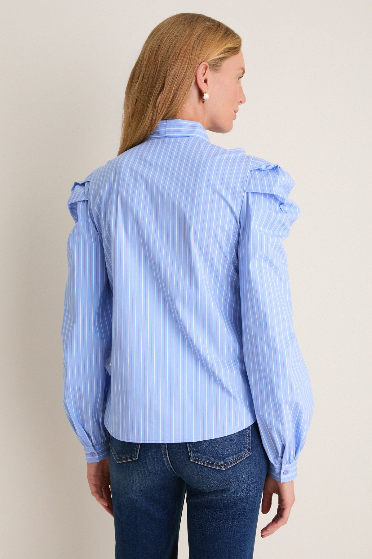 Blue, White, and Red Micro Stripe Long Sleeve French Bow Shirt