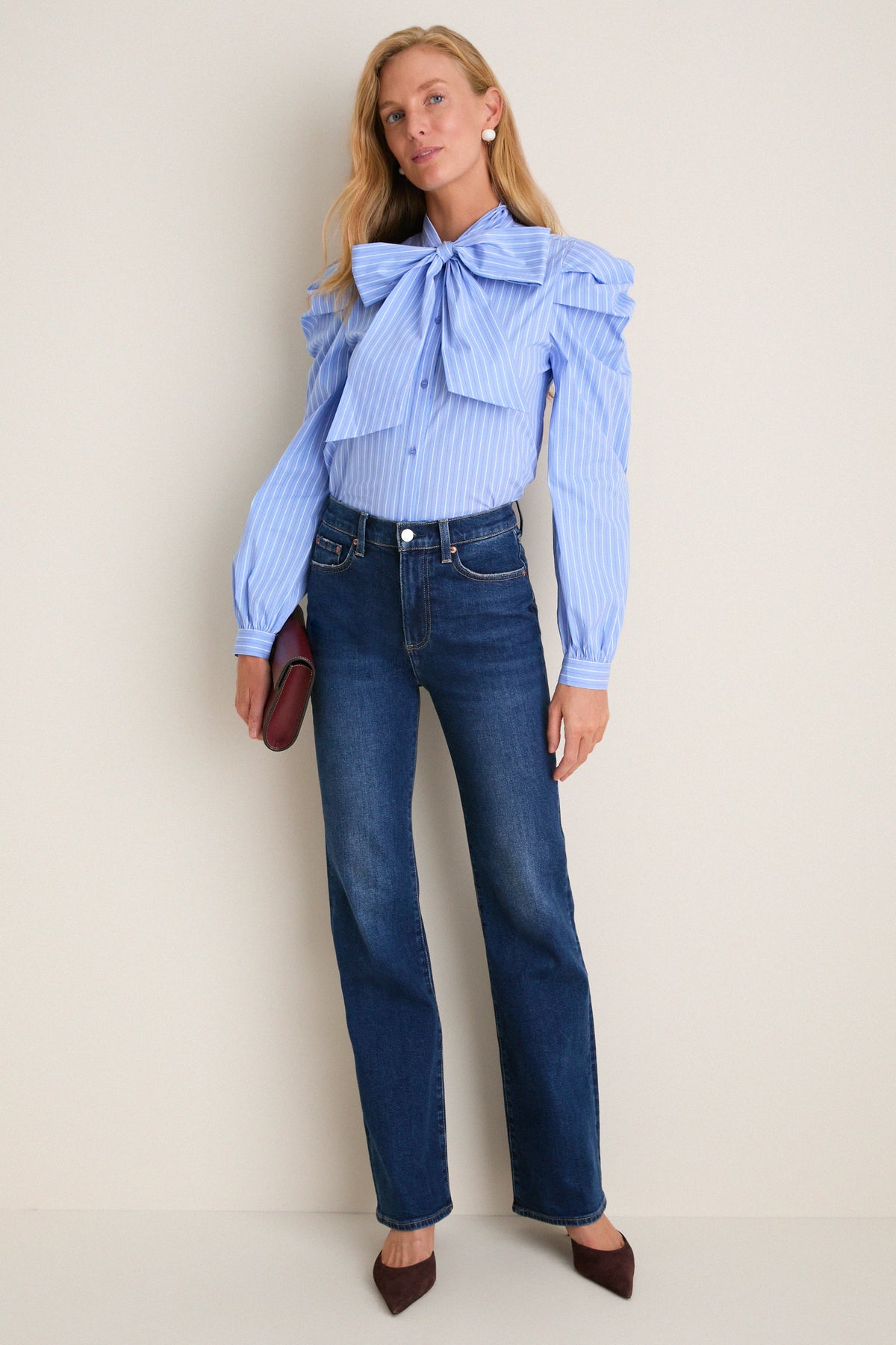 Blue, White, and Red Micro Stripe Long Sleeve French Bow Shirt