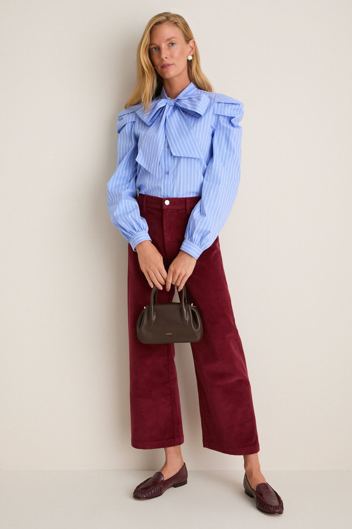 Blue, White, and Red Micro Stripe Long Sleeve French Bow Shirt