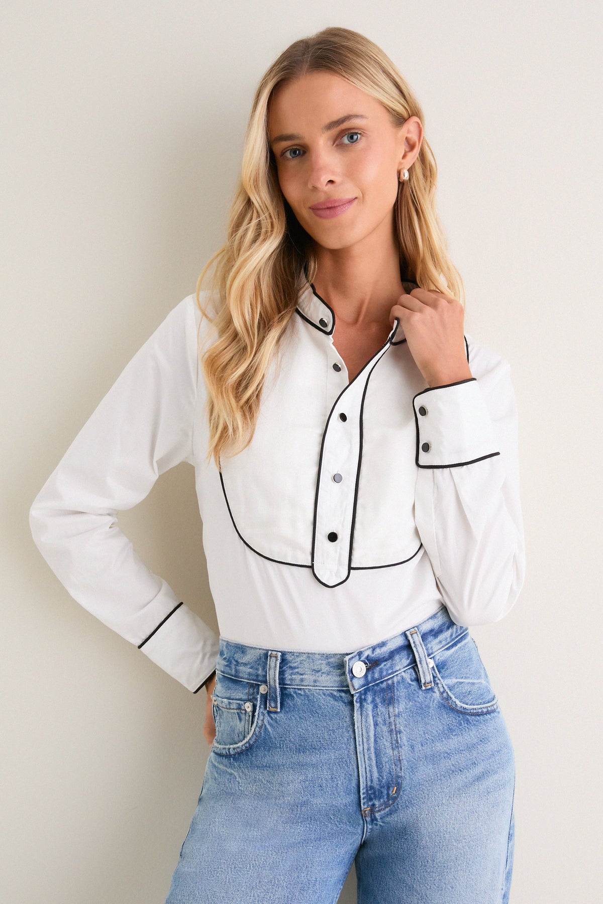 White and Black Trim Tuxedo Shirt