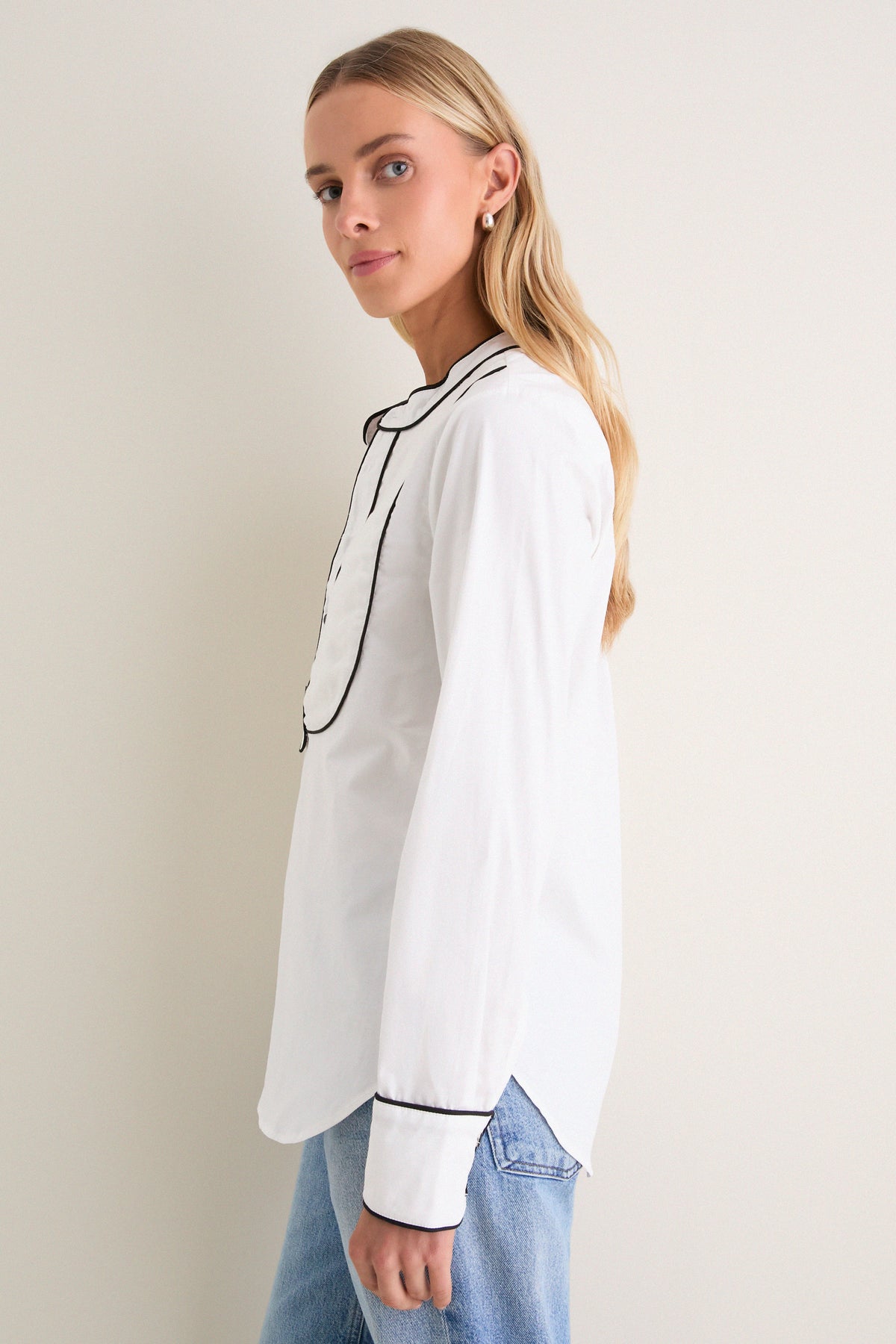 White and Black Trim Tuxedo Shirt