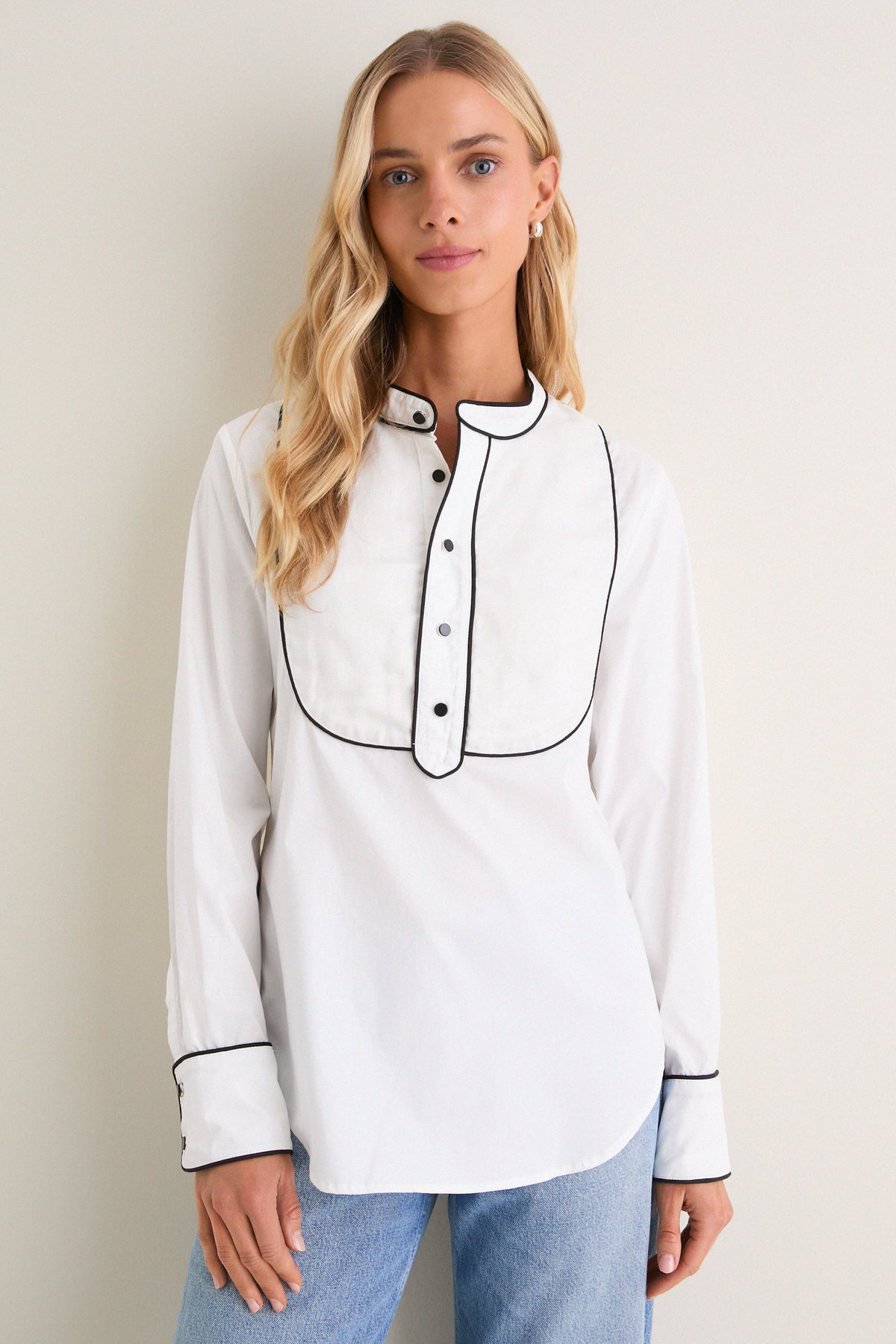 White and Black Trim Tuxedo Shirt