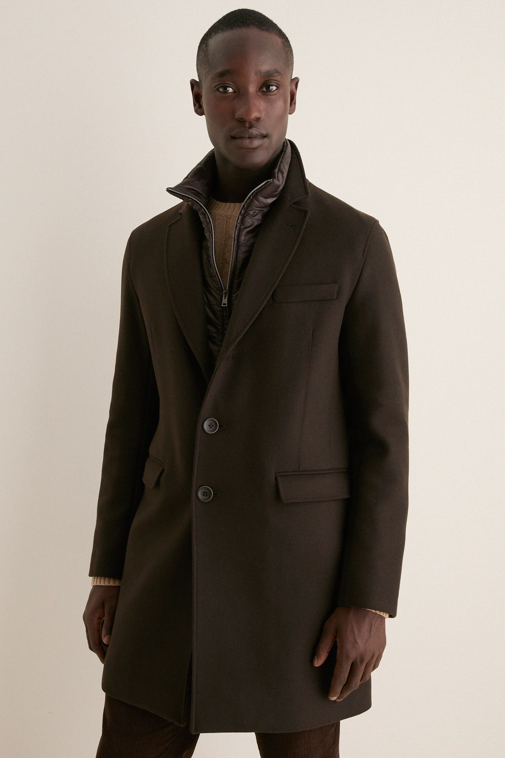 Dark Brown Diagonal Topcoat with Shiny Nylon Windguard