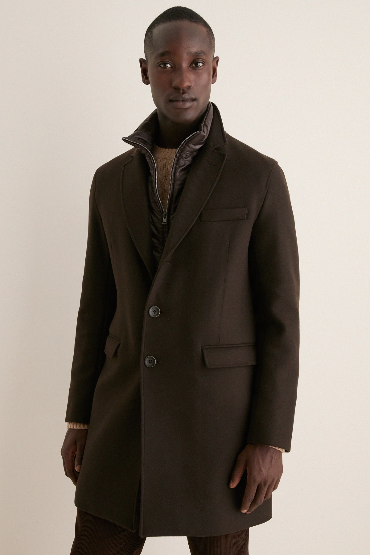 Dark Brown Diagonal Topcoat with Shiny Nylon Windguard