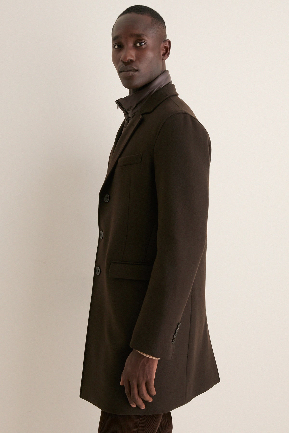 Dark Brown Diagonal Topcoat with Shiny Nylon Windguard