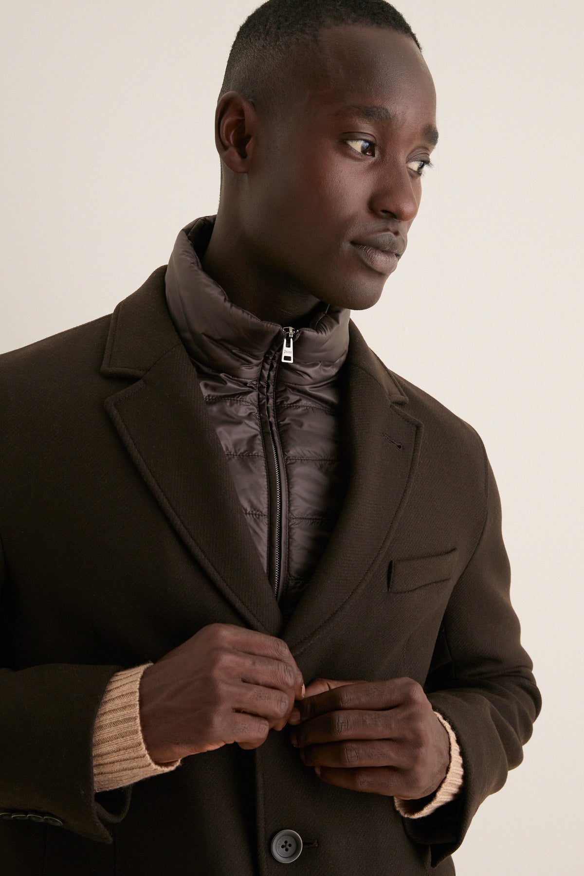 Dark Brown Diagonal Topcoat with Shiny Nylon Windguard
