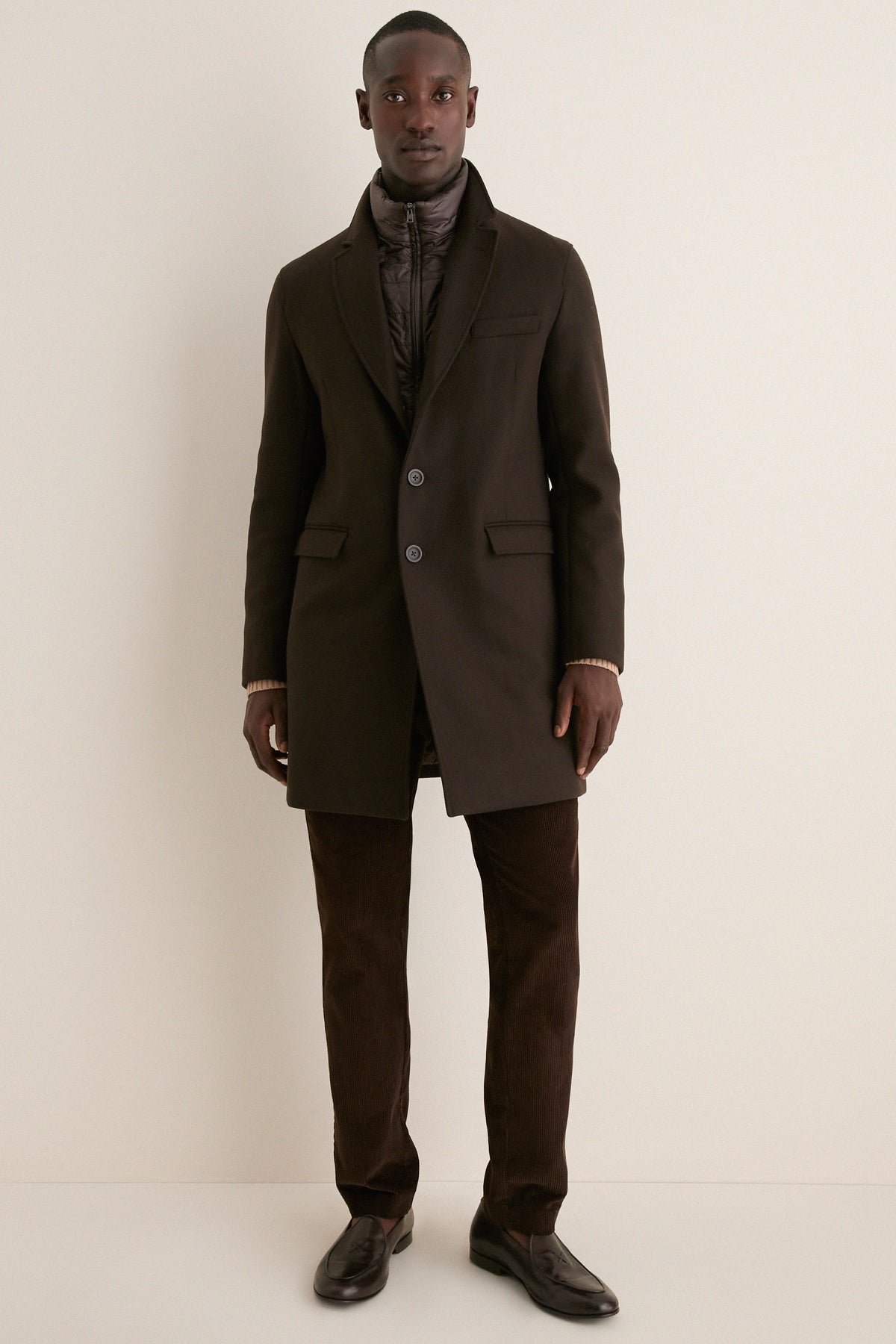Dark Brown Diagonal Topcoat with Shiny Nylon Windguard