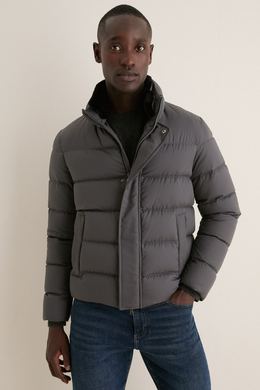Charcoal Gray Bomber Jacket with Faux Fur Collar