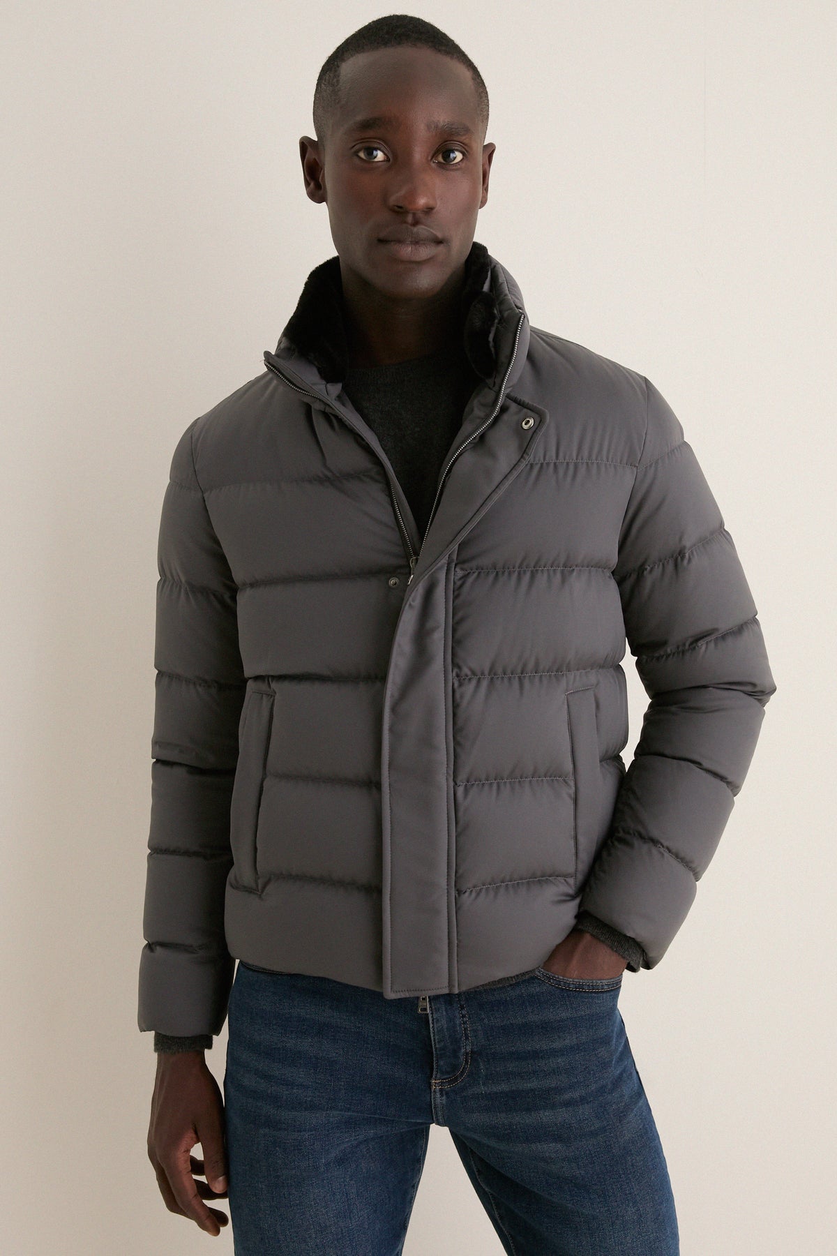 Charcoal Gray Bomber Jacket with Faux Fur Collar