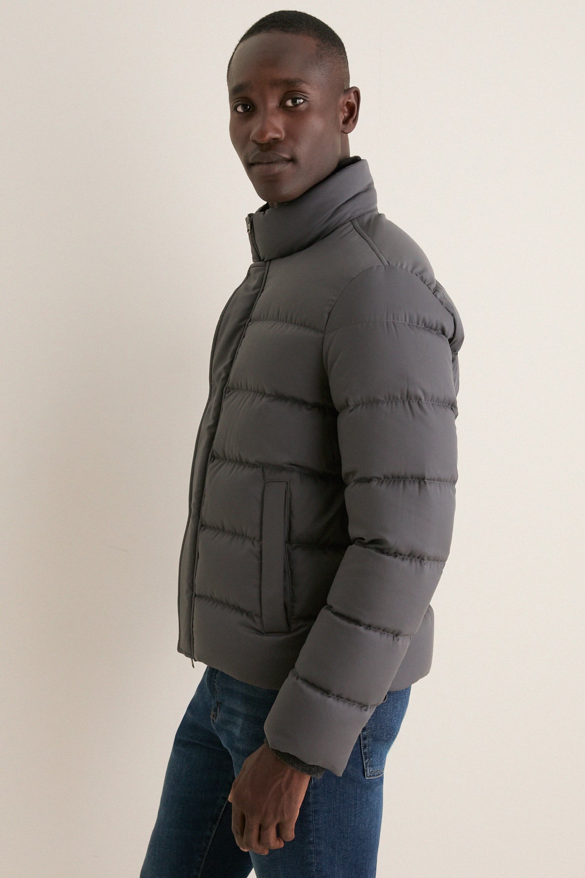 Charcoal Gray Bomber Jacket with Faux Fur Collar