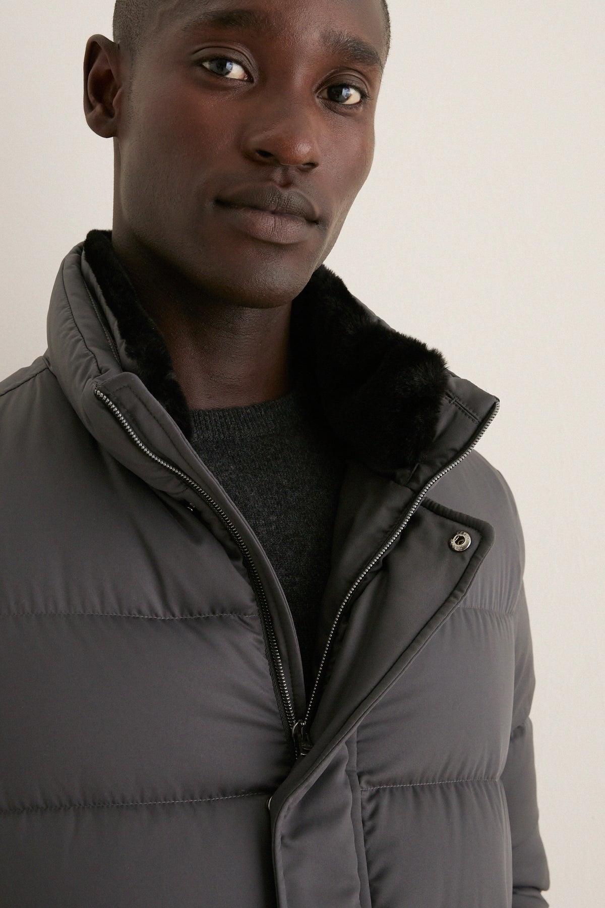 Charcoal Gray Bomber Jacket with Faux Fur Collar