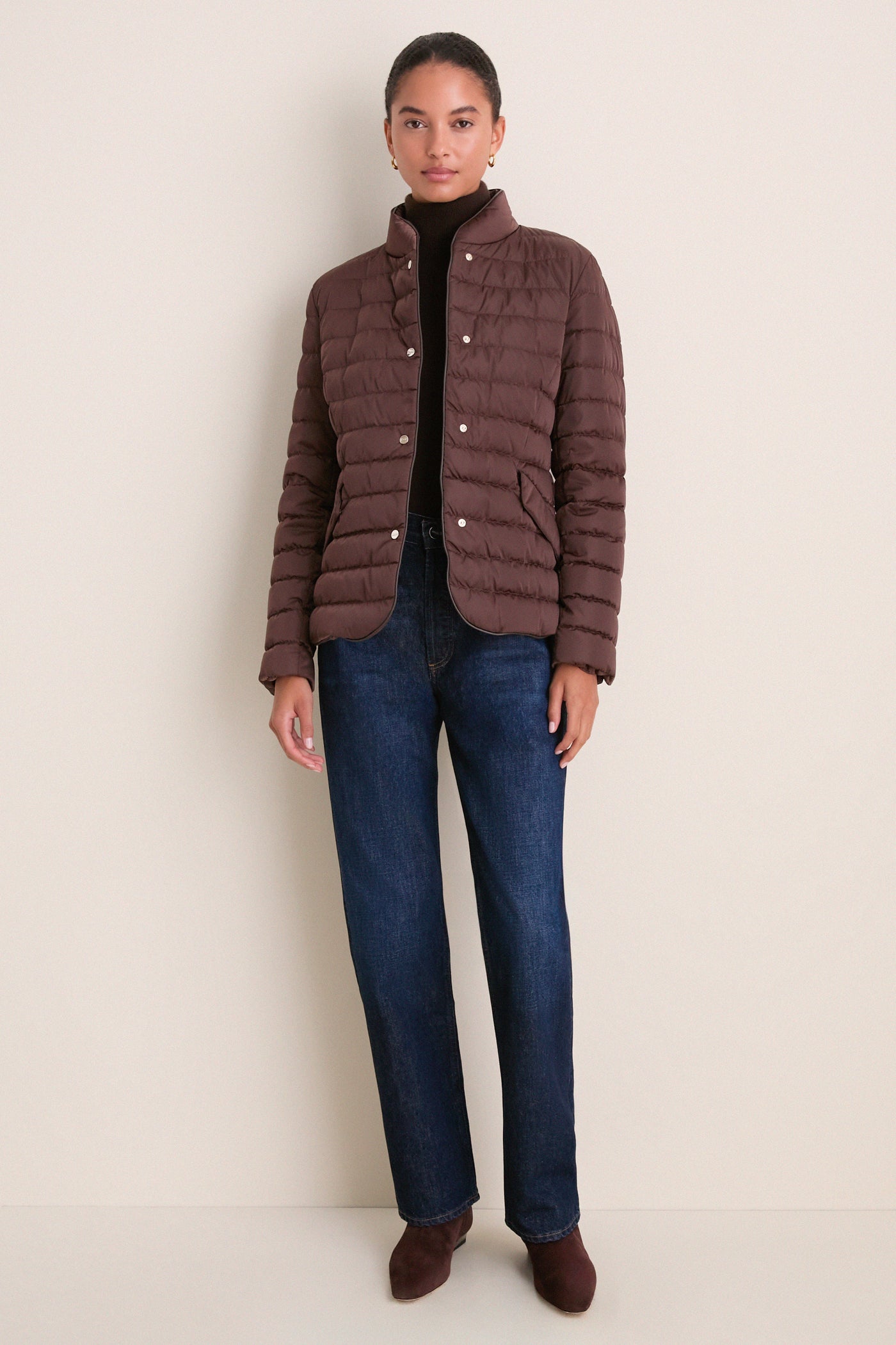 Dark Brown Sateen Nylon Quilted Blazer