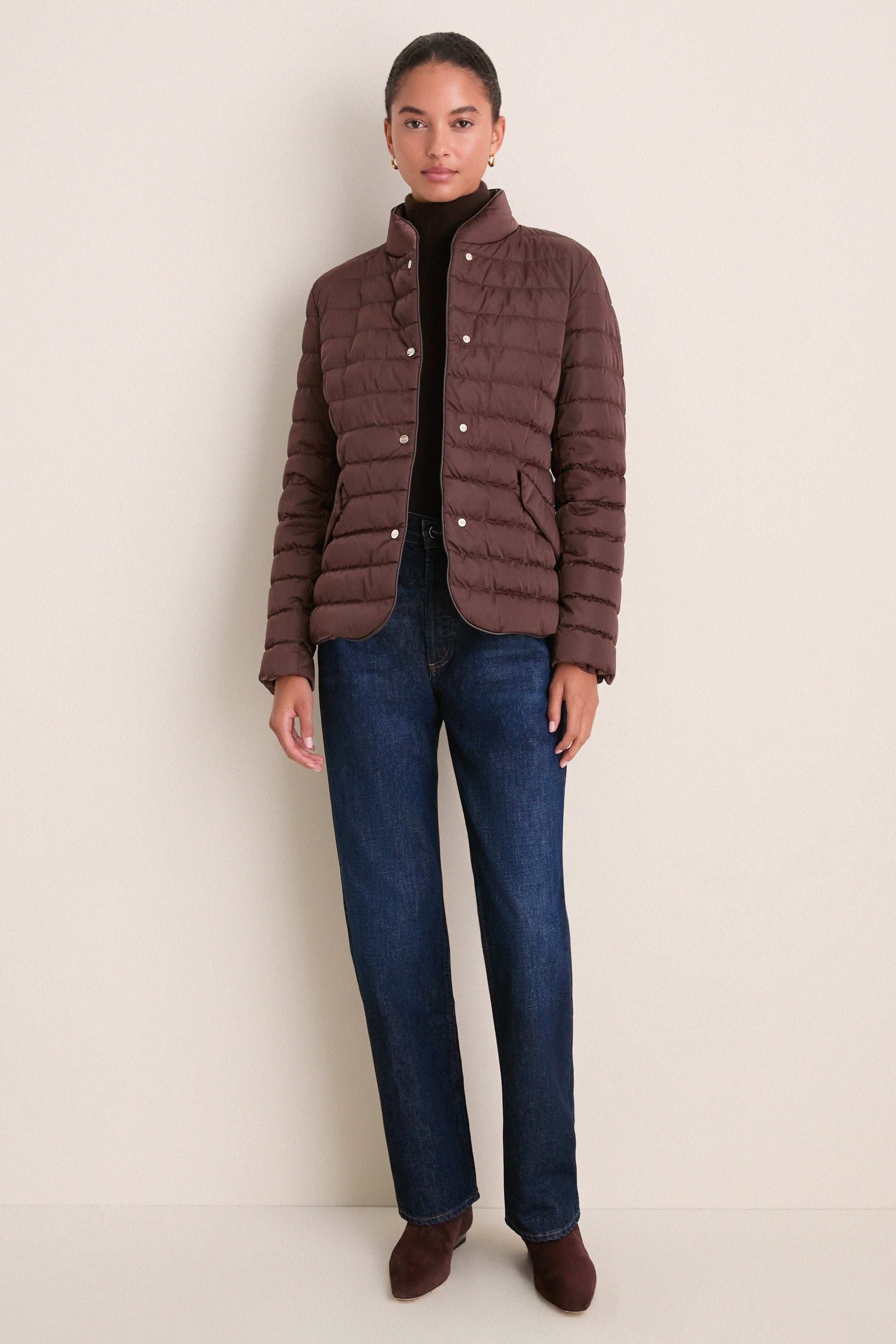 Dark Brown Sateen Nylon Quilted Blazer