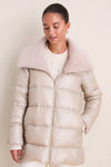Champagne Nylon Ultralight Mid-Thigh Jacket with Faux Fur Collar