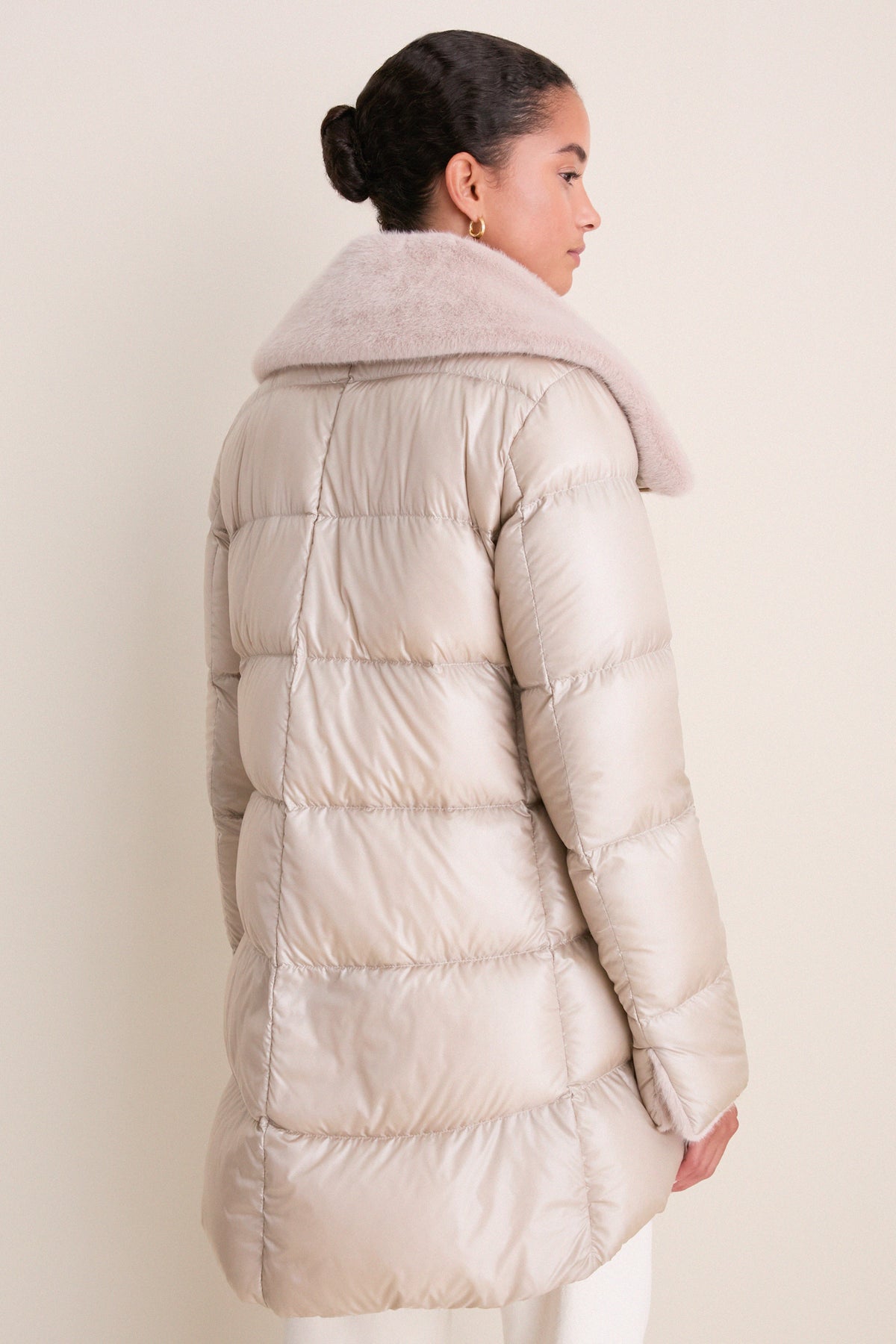 Champagne Nylon Ultralight Mid-Thigh Jacket with Faux Fur Collar