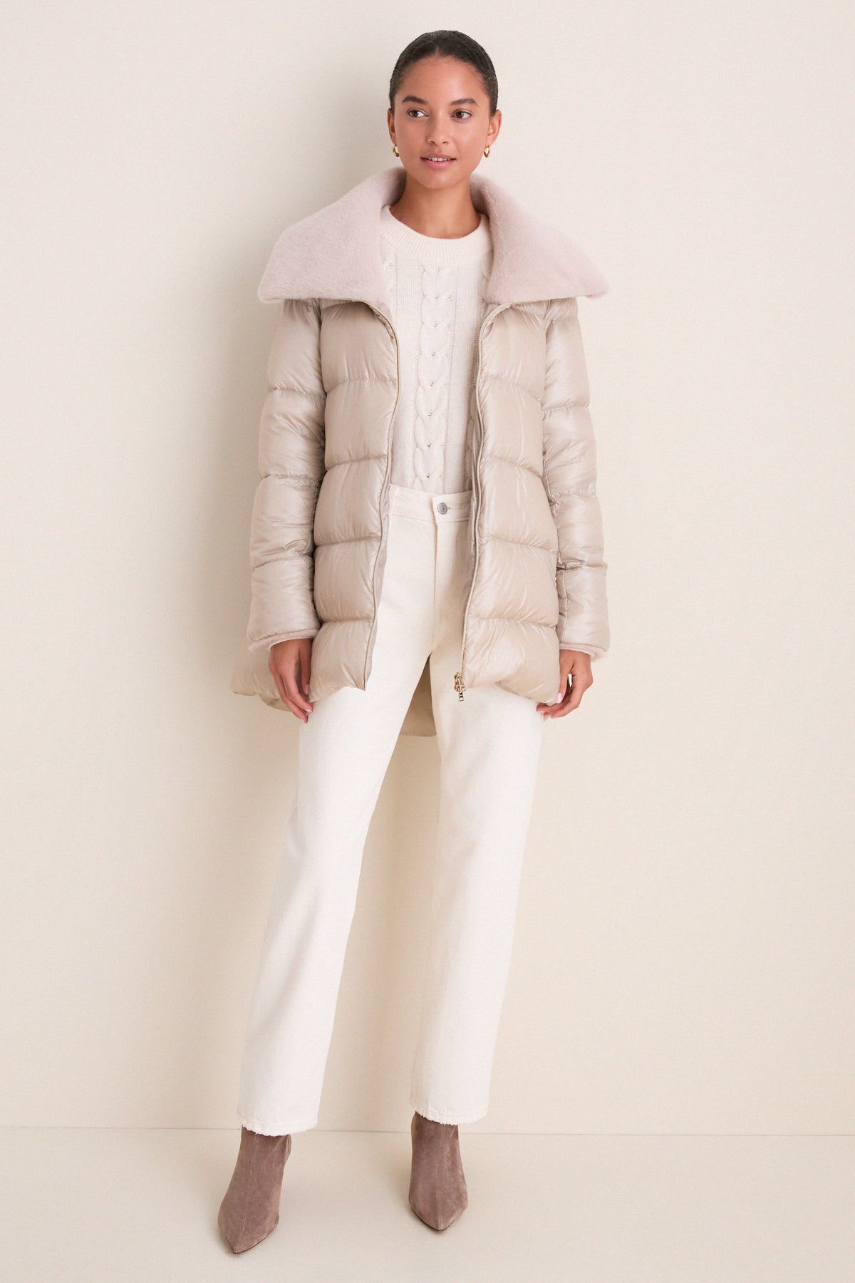 Champagne Nylon Ultralight Mid-Thigh Jacket with Faux Fur Collar