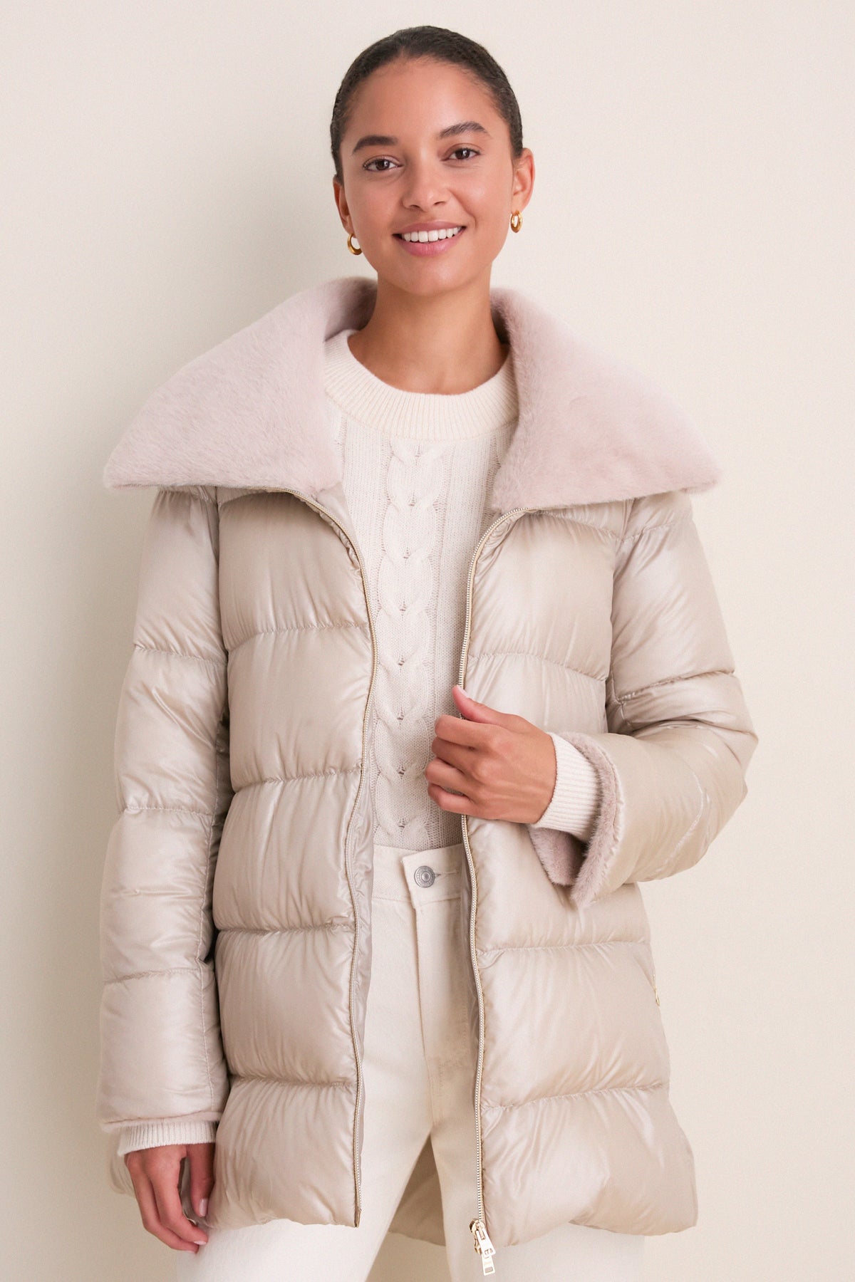Champagne Nylon Ultralight Mid-Thigh Jacket with Faux Fur Collar